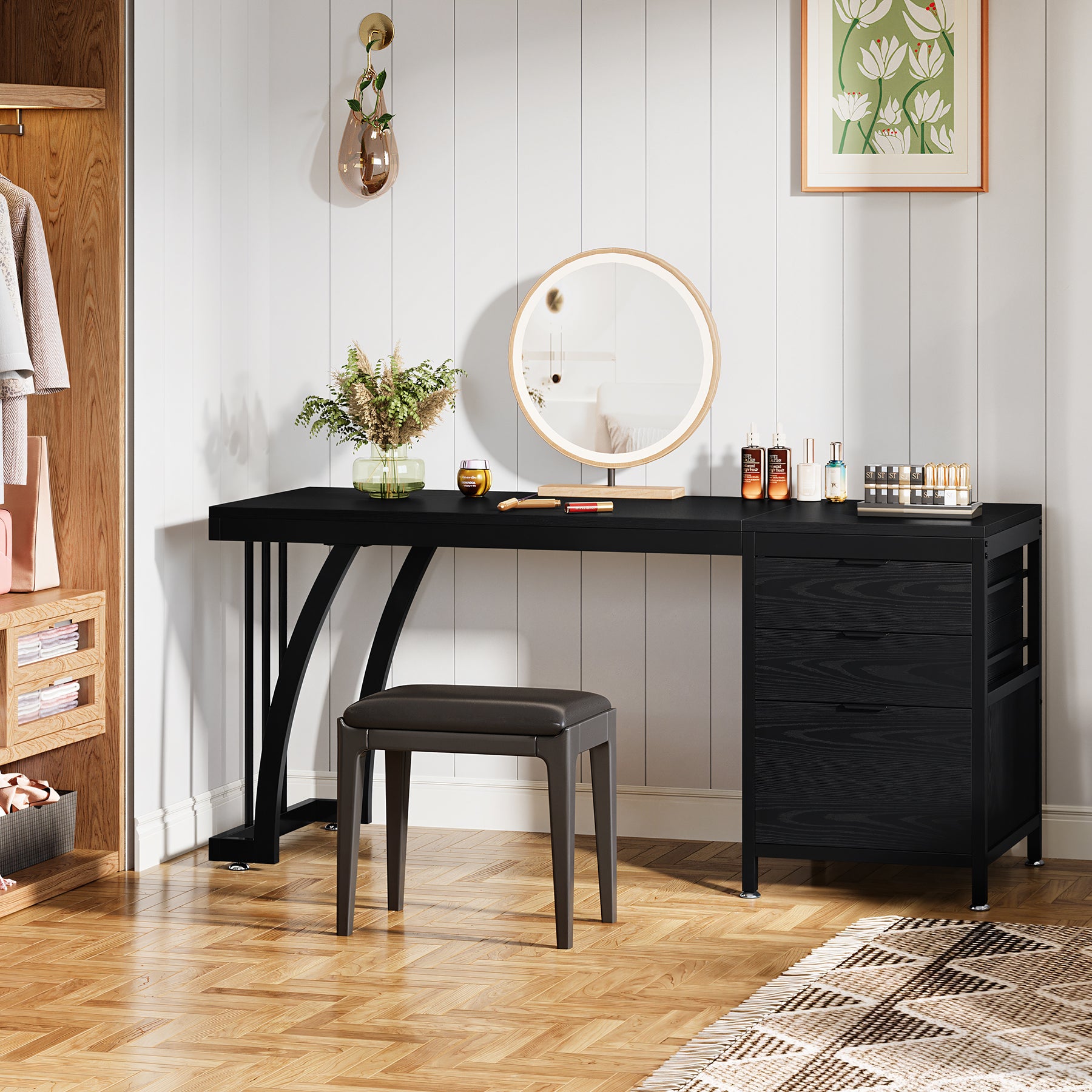 150 cm Met 3 Laden, Make-up Bureau Met Ombouwbare Opbergruimte