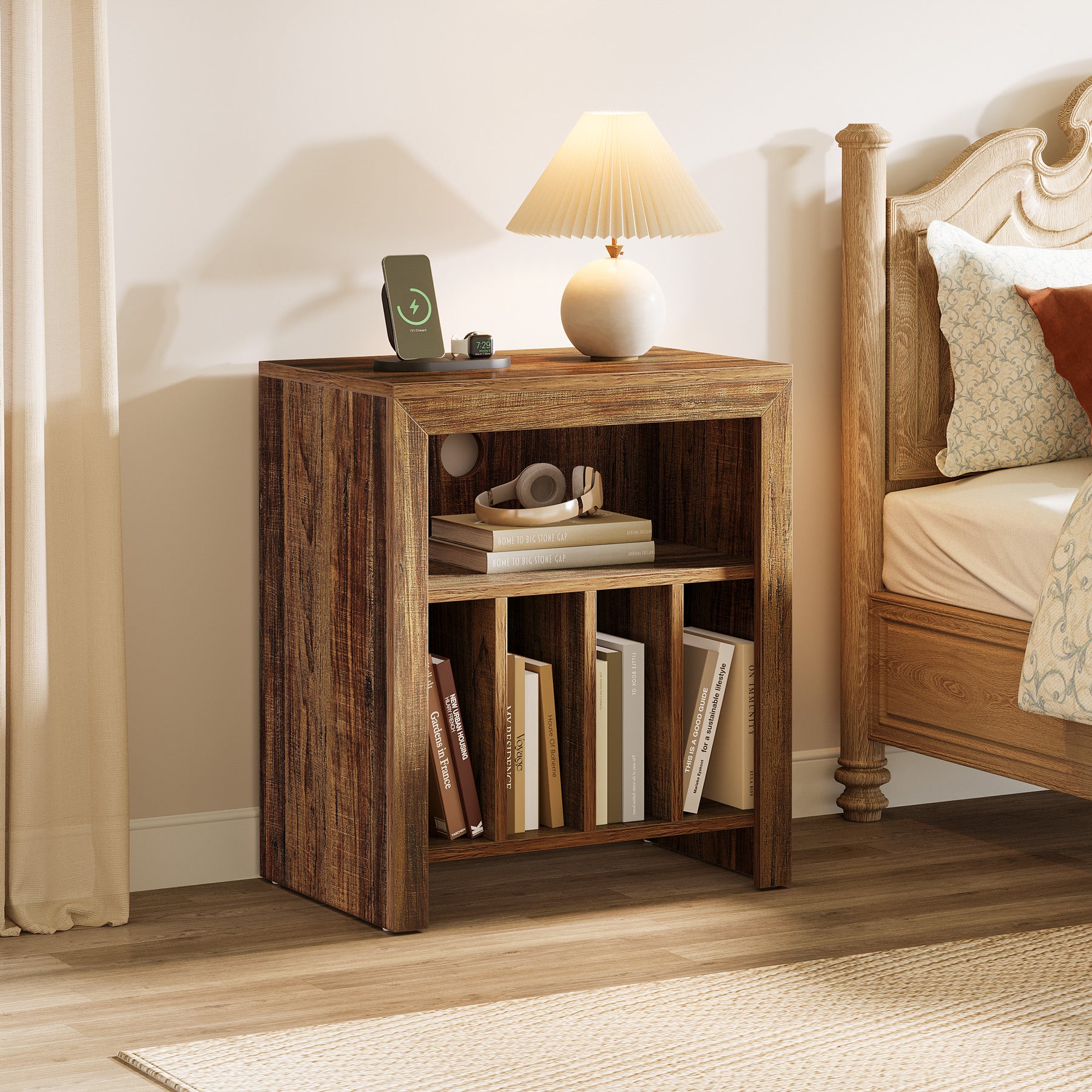 60 cm Vinylplaten Bijzettafel met 3 Etages, Industrieel Opbergmeubel in Rustiek Bruin