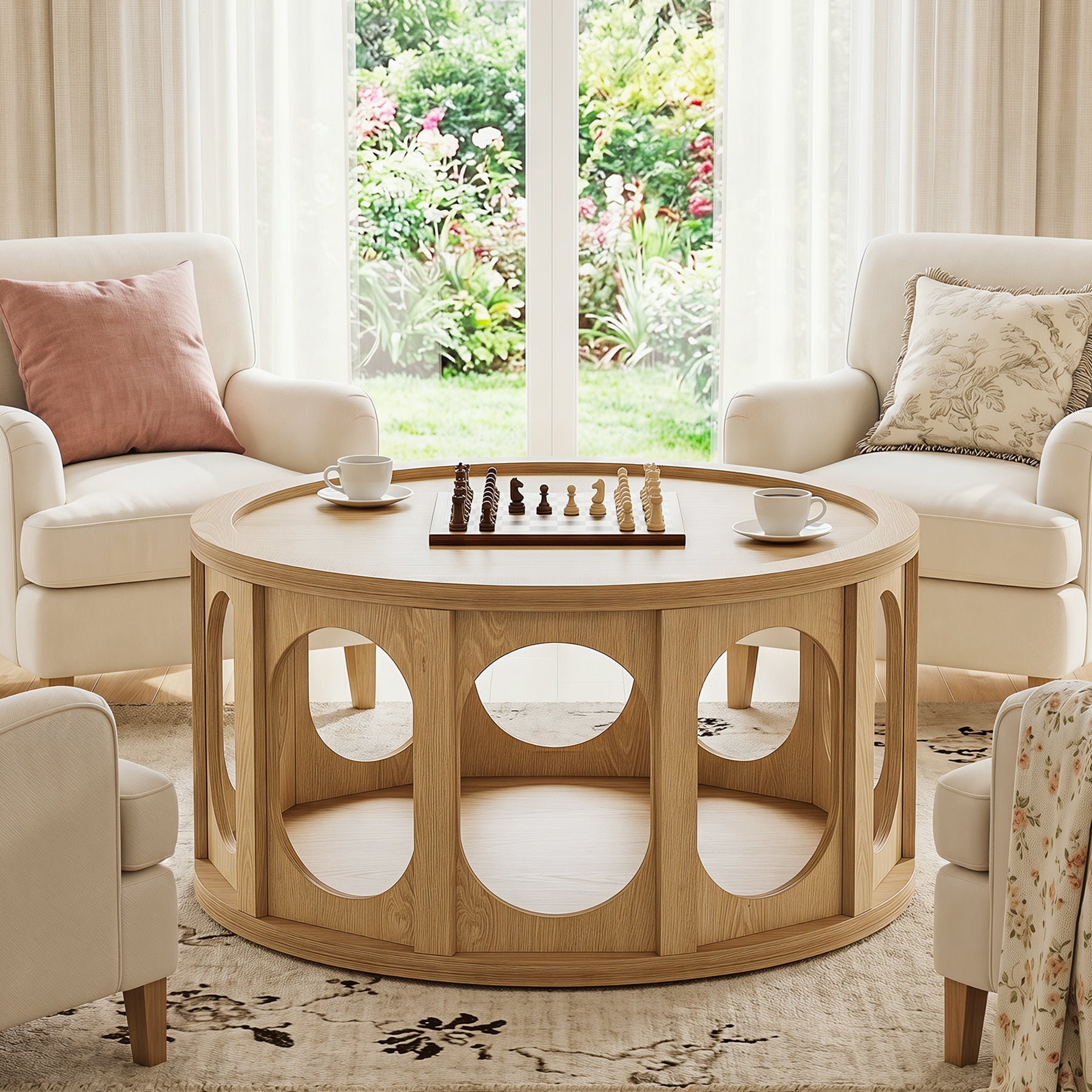 Tribesigns ronde salontafel van 80 cm met kattenhuisje, tweelaagse woonkamertafel met opbergruimte