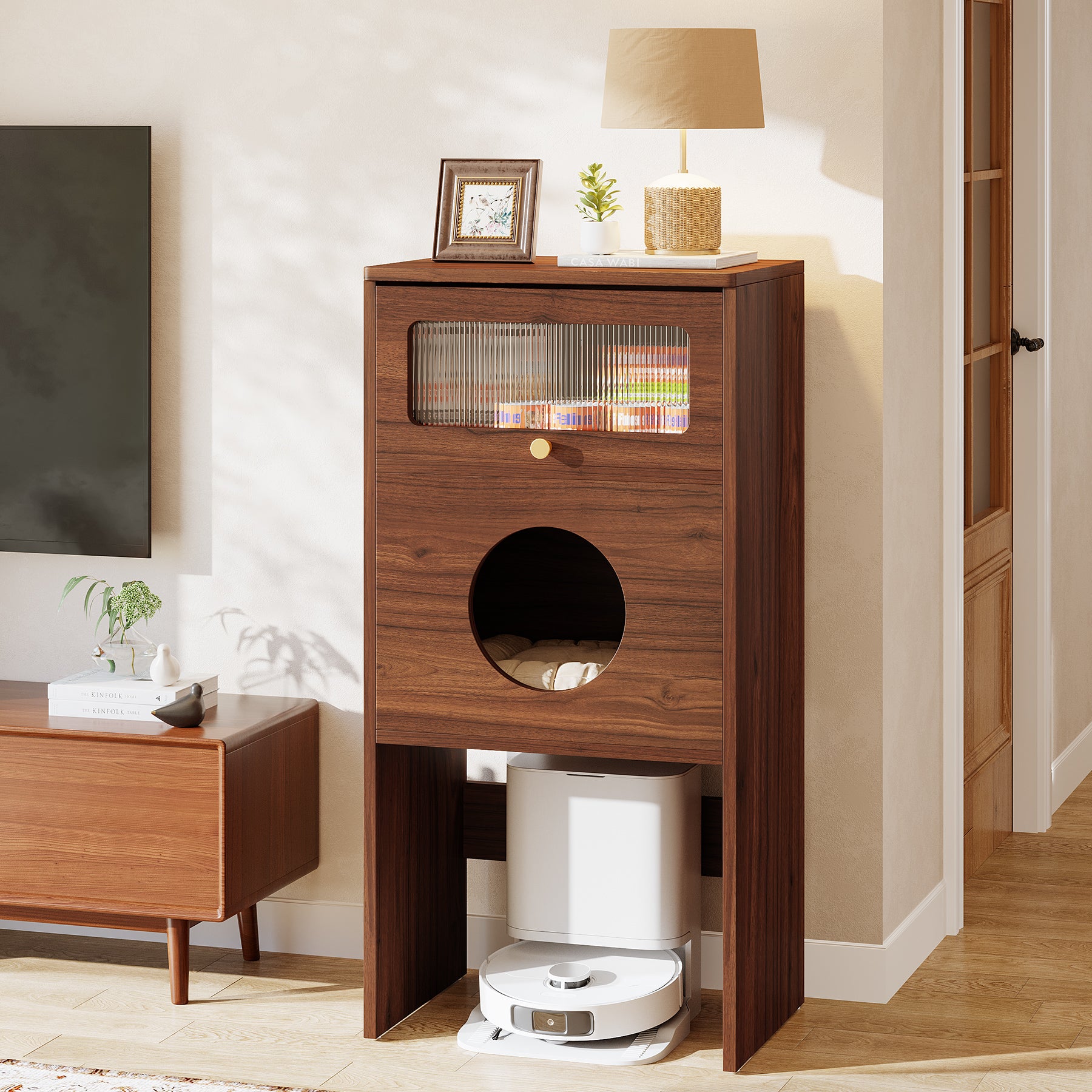 Kattenmeubel met Acryl Deur, Modern Bijzetkastje voor Huiskamer