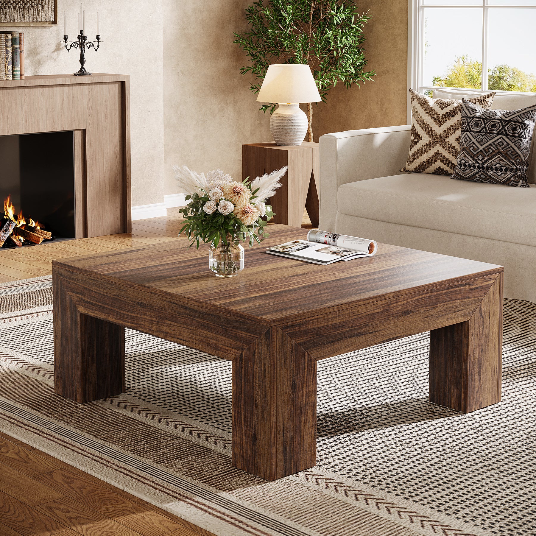 Vierkante Salontafel van 100 cm in Landelijke Stijl, Lage Stevige Centertafel voor Woonkamer in Rustiek Bruin