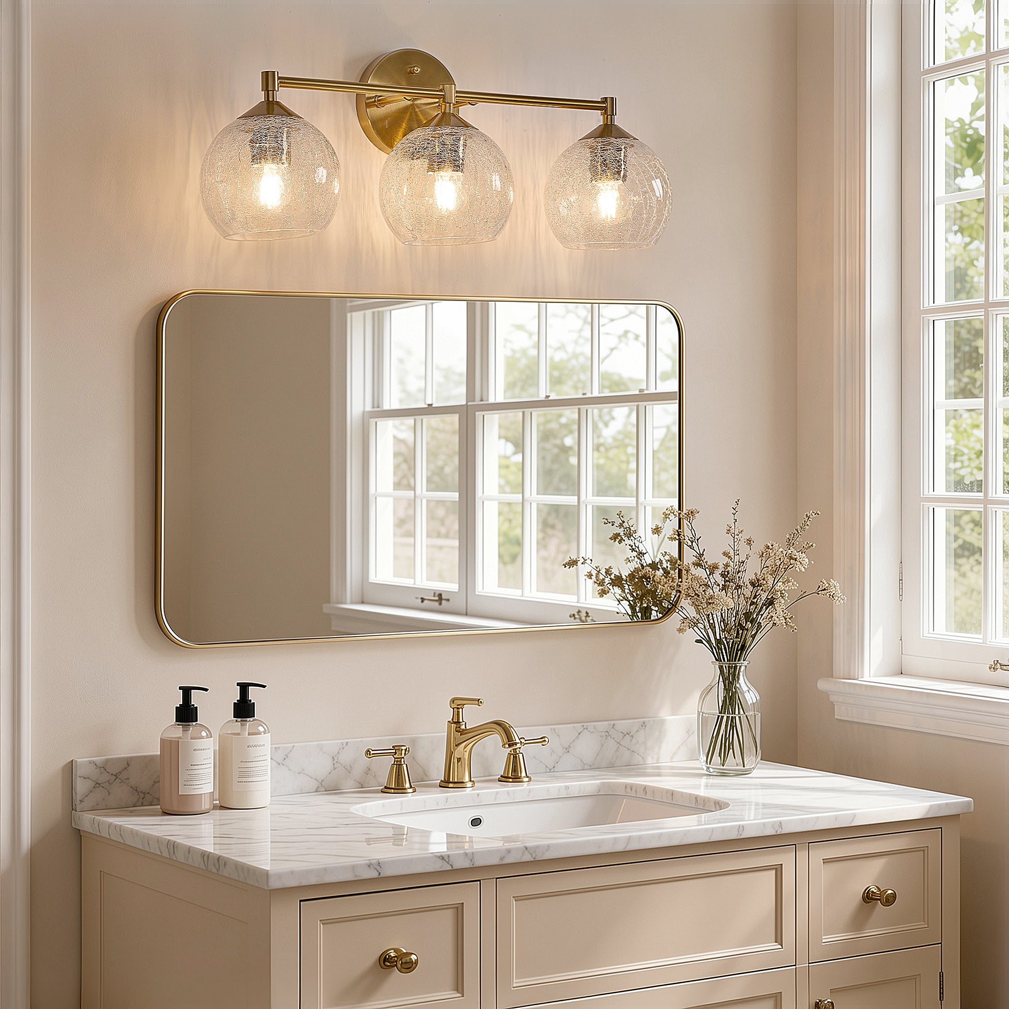 43 cm Moderne Wandlamp Goud, Tribesigns 3-flammige Crackle Glas Armatur met E27 voor Badkamer