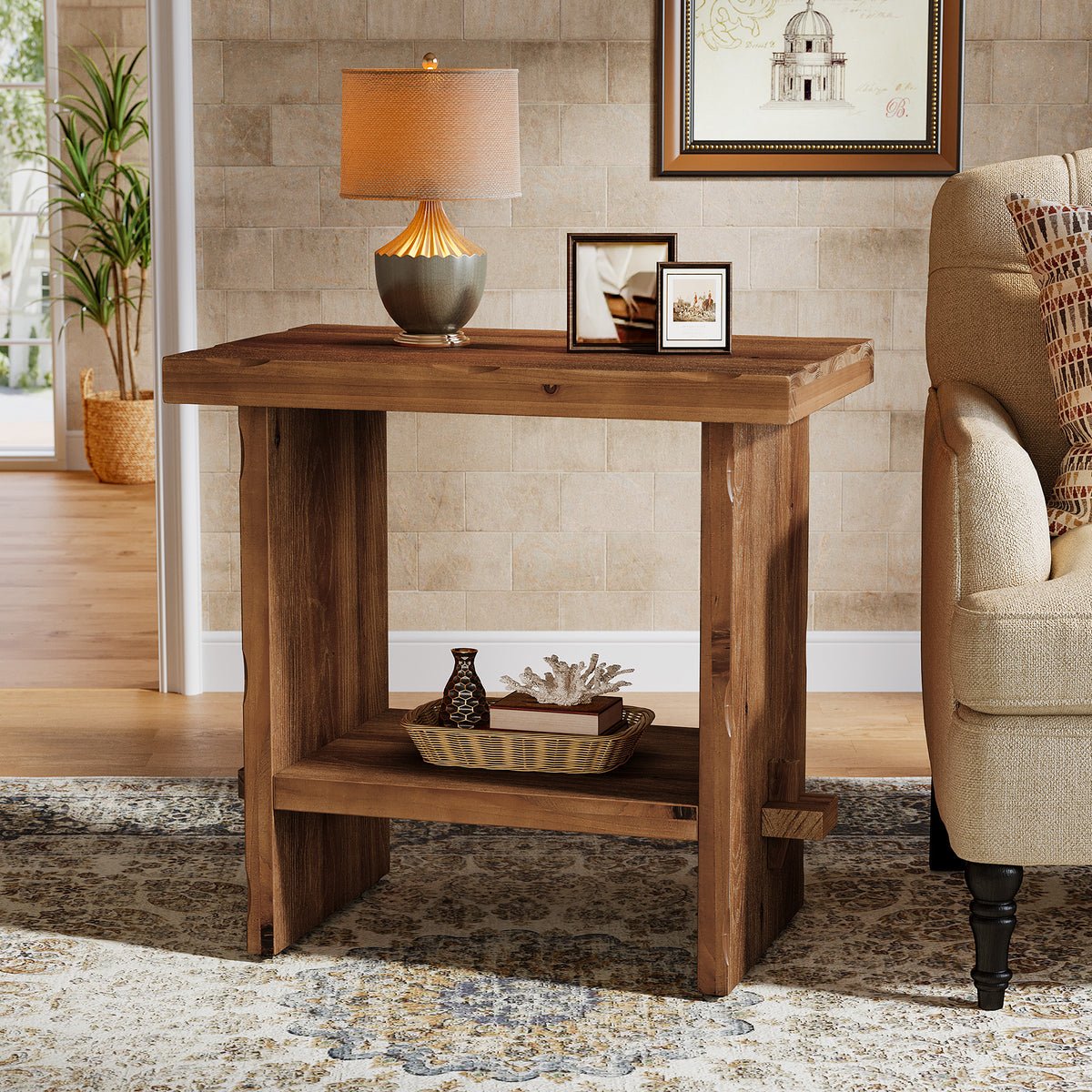 Tribesigns 60x40 cm massief houten bijzettafel met 2-laags opbergruimte, compact nachtkastje voor woonkamer