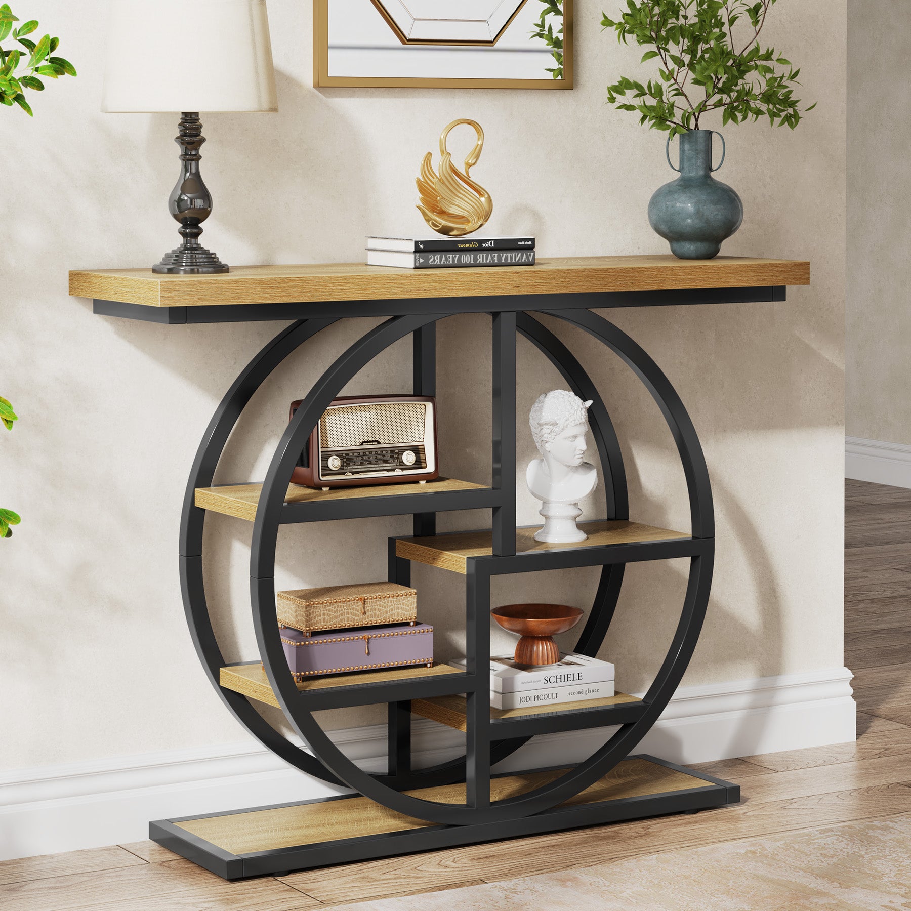 105 cm Industriële Console, 6 Etages met Rond Onderstel en Opbergplanken