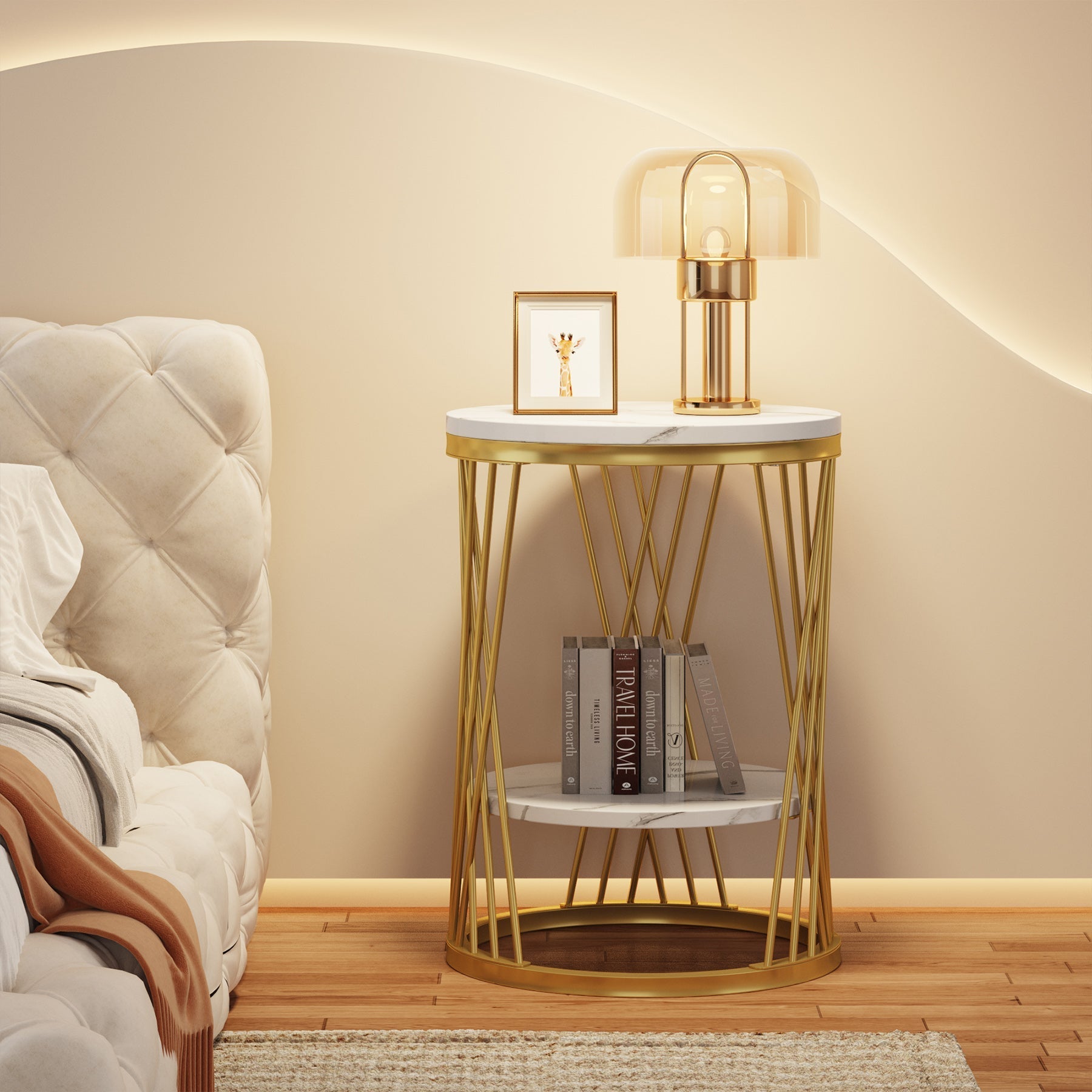 Stijlvolle Ronde Bijzettafel, Witte Met Gouden Accenten en Handige Opbergplanken