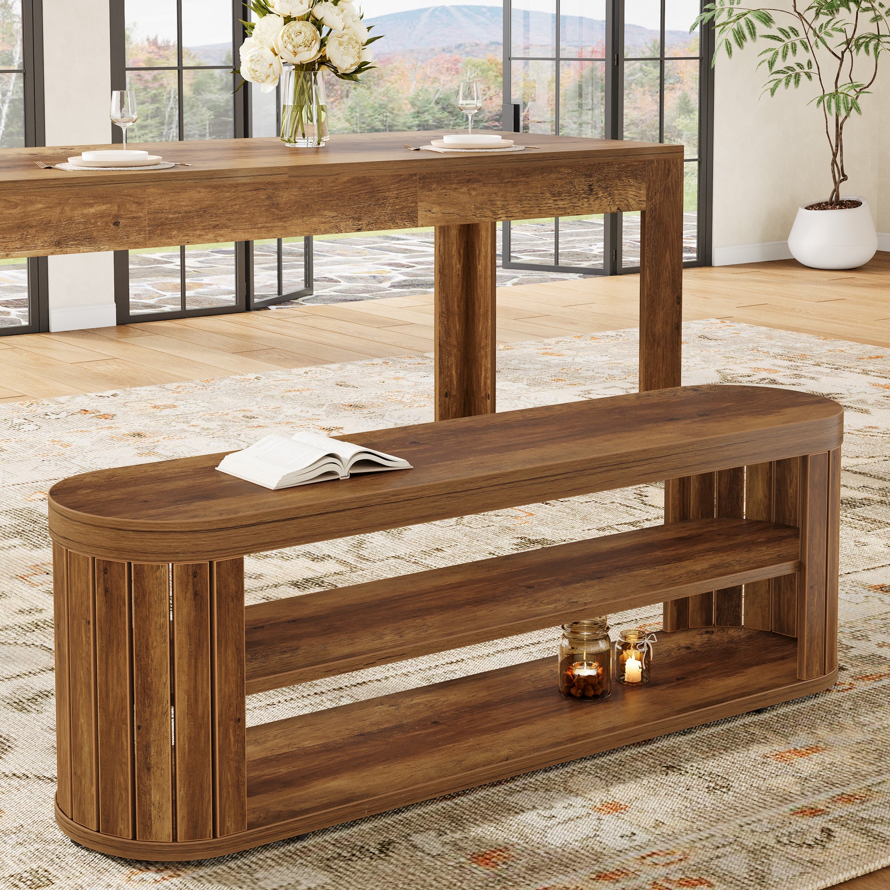 120 cm Houten Schoenenbank met 2 Niveaus Opbergruimte