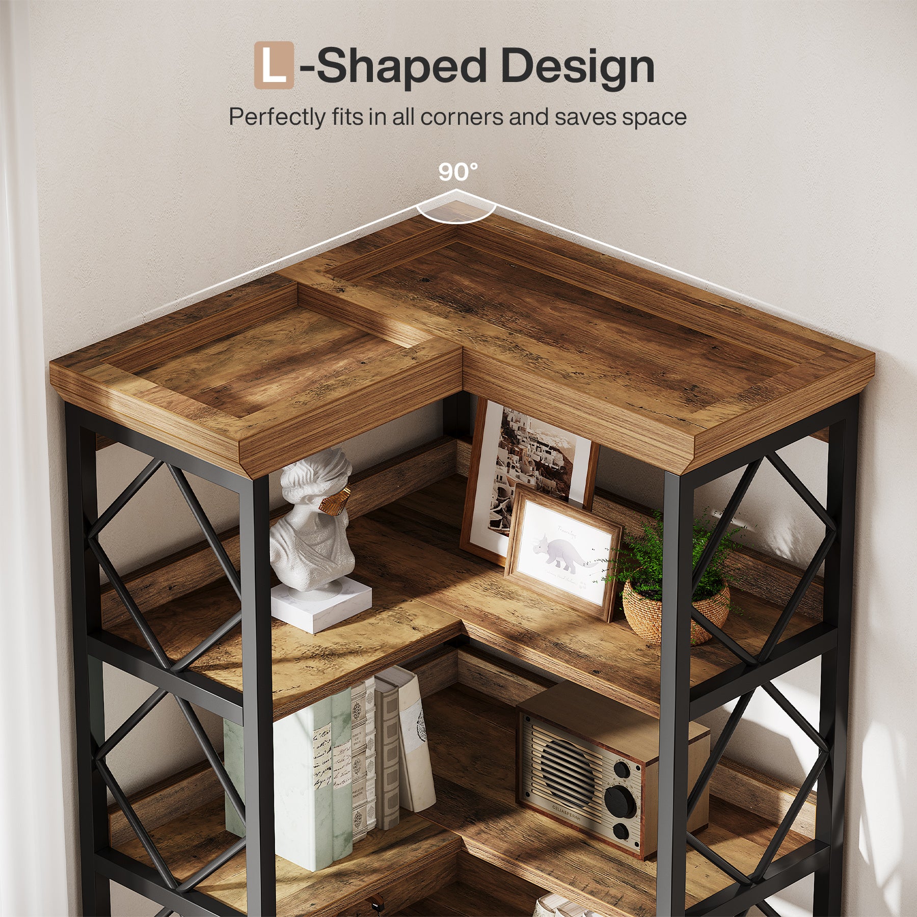 184 cm Hoge Hoekboekenkast, 6-Laags L-Vormige Boekenkast met Opbergruimte voor Woonkamer