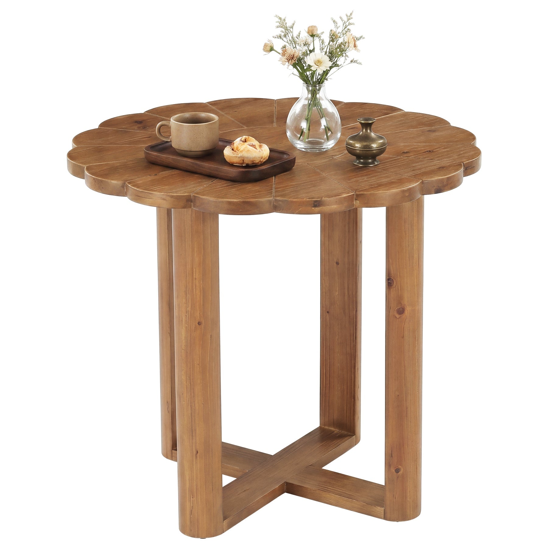 Tribesigns Massief Houten Ronde Eettafel 80 cm voor 2–4 personen, Landelijke Eetkamertafel met Floraal Snijwerkpatroon