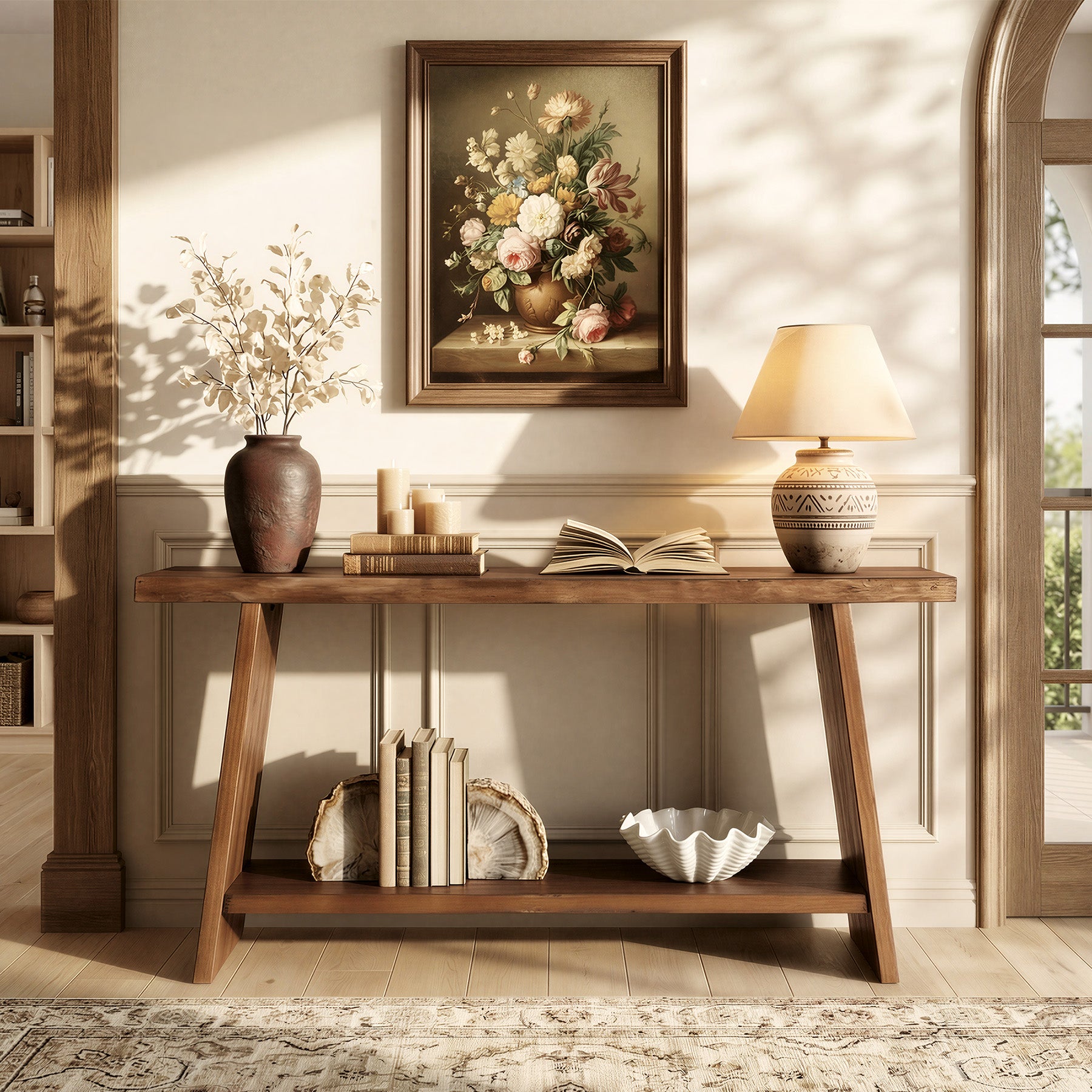 160 cm Massief Houten Consoletafel, 2-Laagse Sidetable voor Hal
