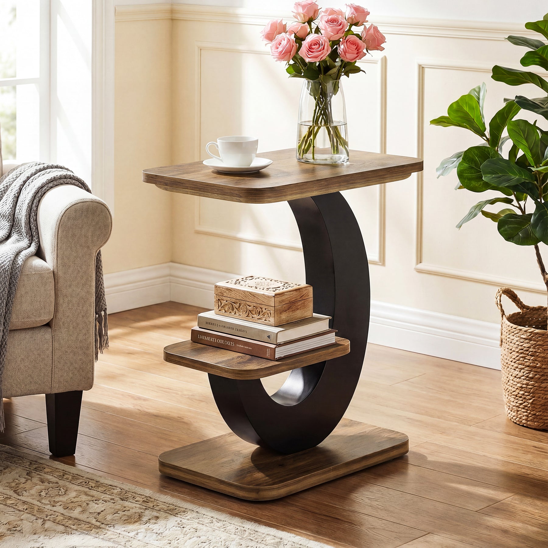 60 cm Smalle Bijzettafel met 2 Niveaus, Industriële Houten Sidetable voor Woonkamer en Slaapkamer