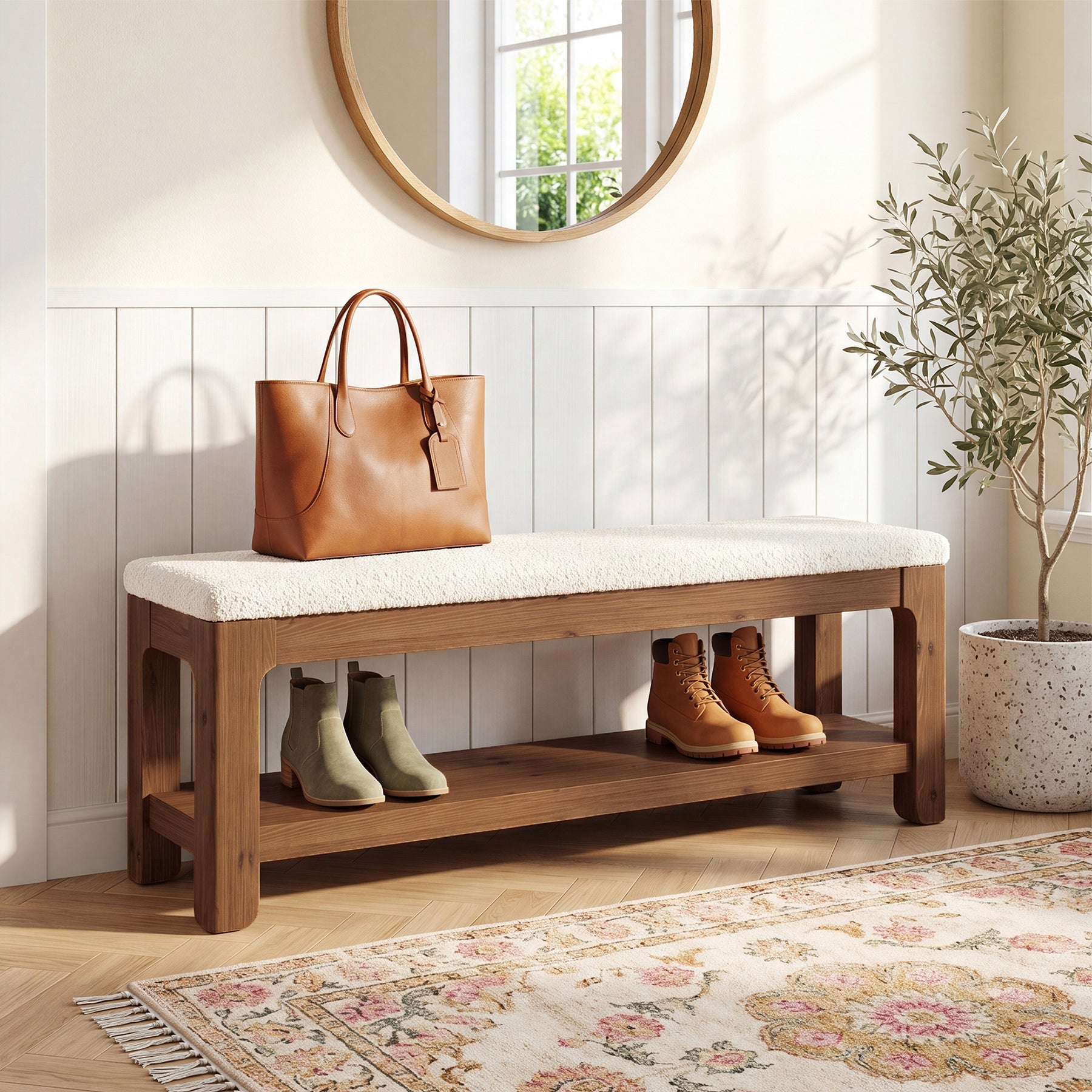 Tribesigns gestoffeerde massief houten zitbank 141 cm, halbank met opbergrek en teddy zitvlak