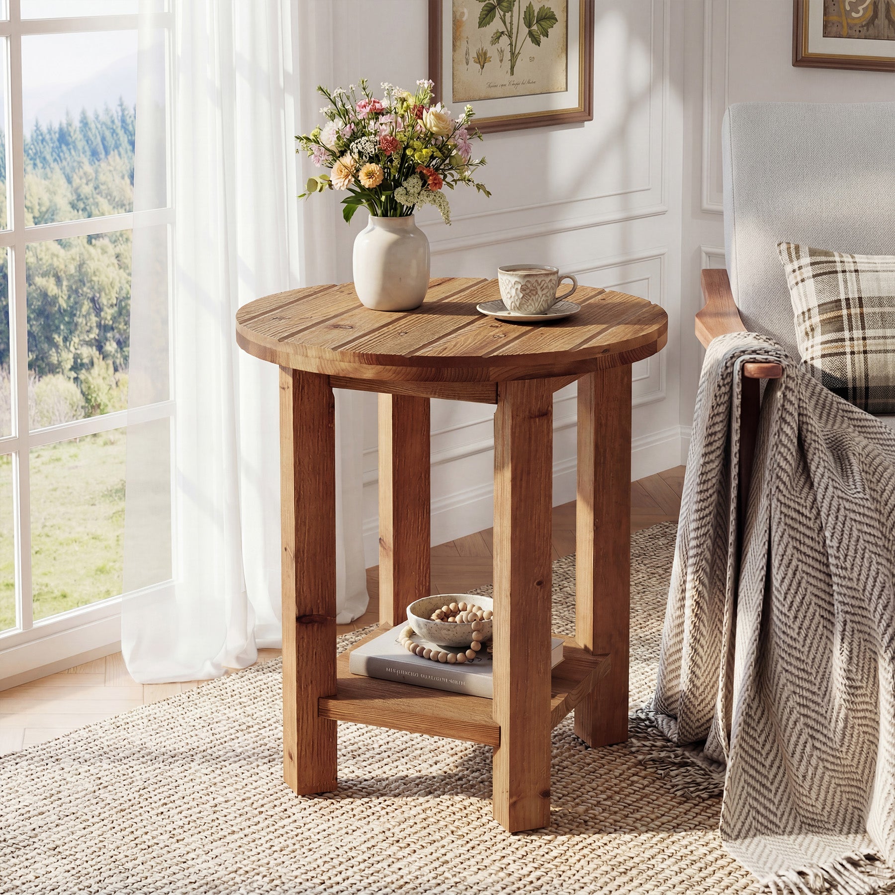 50 cm Tribesigns Ronde Bijzettafel, Massief Houten Tafel met Opbergplank