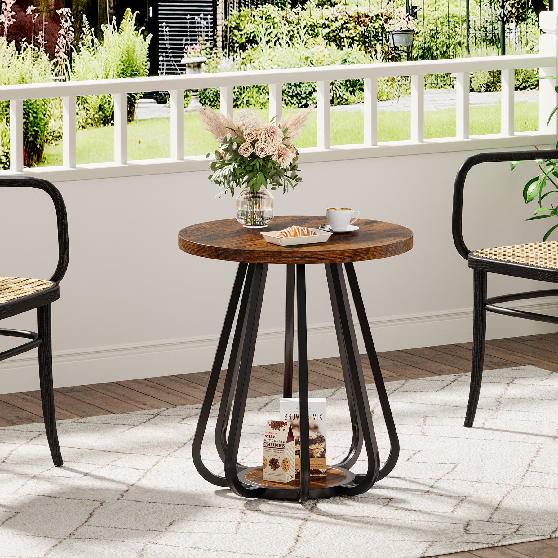 Kleine Ronde Bijzettafel, 2-Traps Salontafel met Metaal en Houten Plank voor Kleine Ruimtes