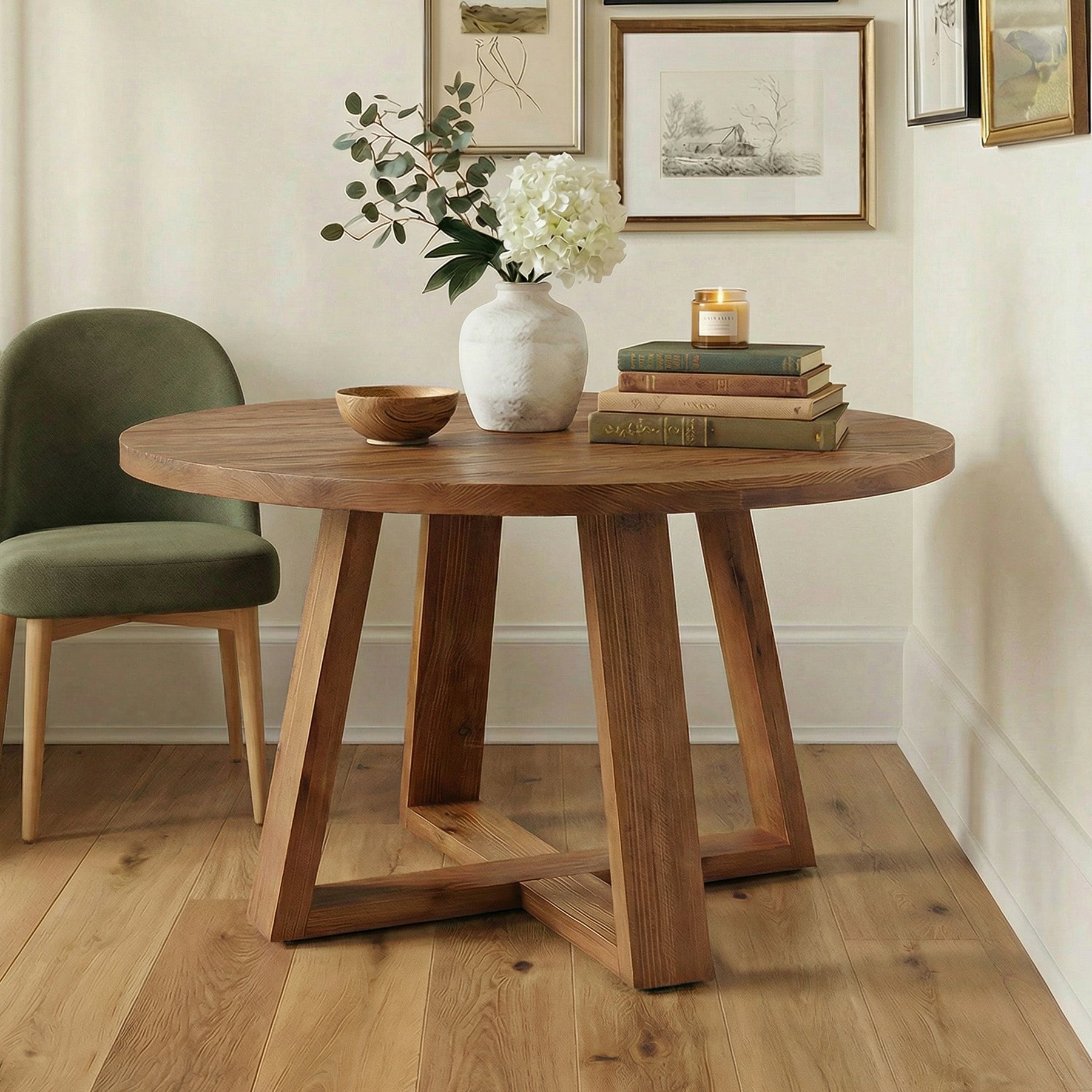 120 cm Ronde Eettafel, Landelijke Massief Houten Keukentafel met Schragenonderstel voor 4 Personen