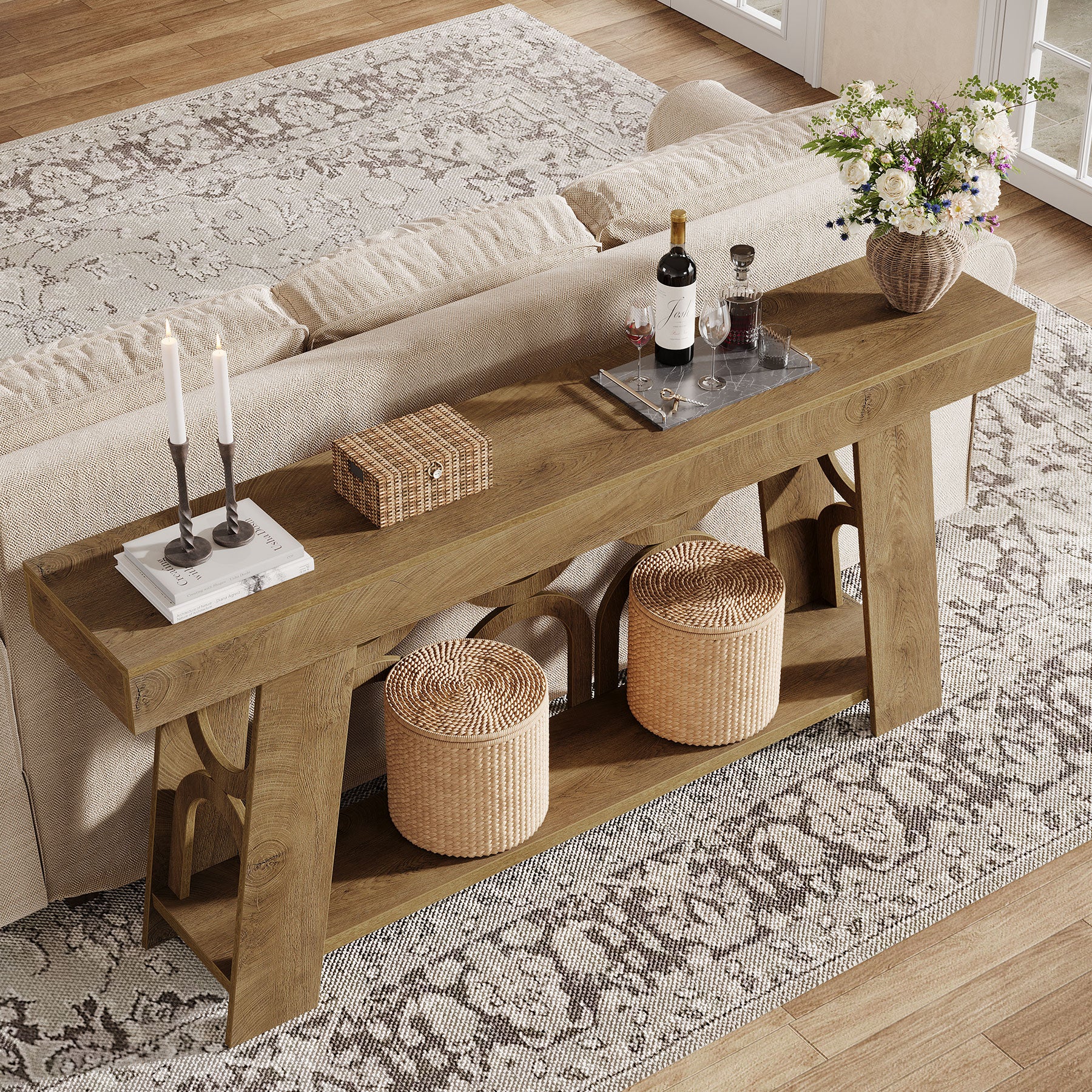 Consoletafel van 160 cm in landelijke stijl met 2-laags opbergruimte, smalle haltafel voor woonkamer en slaapkamer in lichtbruin