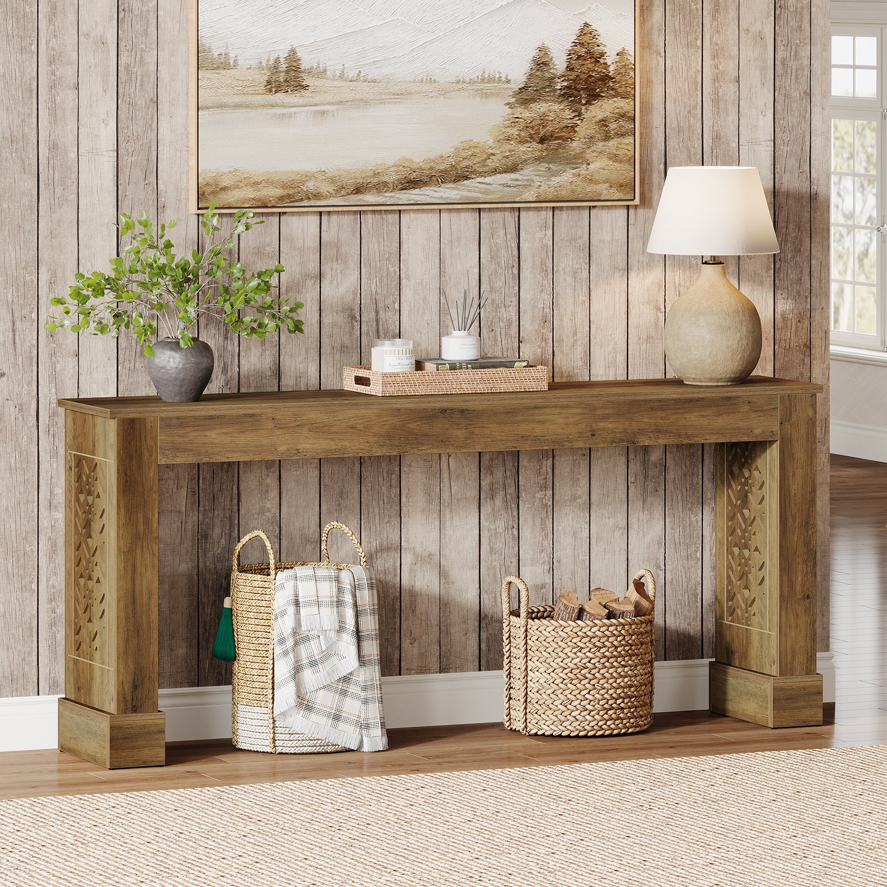 160 cm Landelijke Consoletafel voor Entree en Hal, Industriële Houten Haltafel Bruin