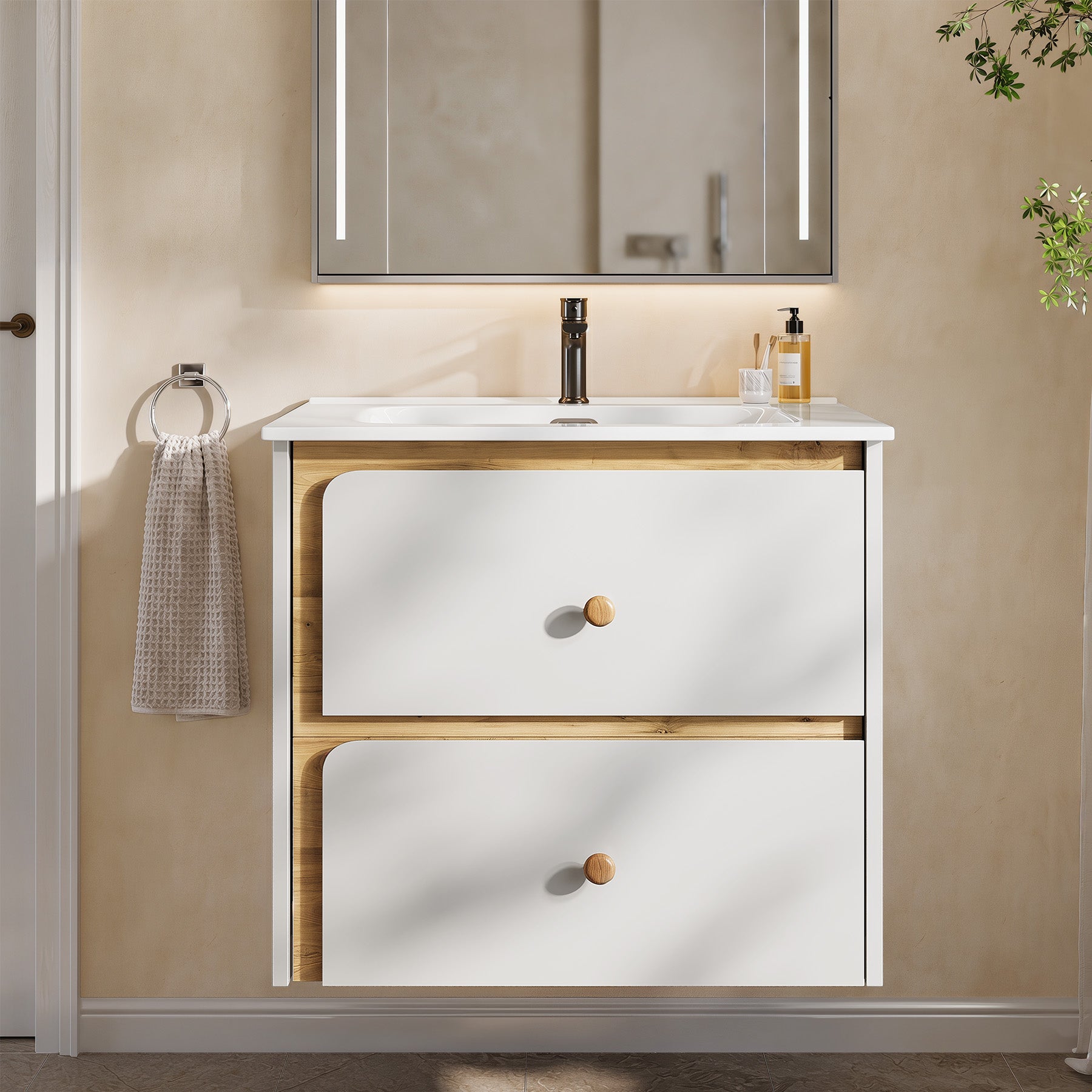Tribesigns Hangende wastafel met keramieken waskom, Modern badkamermeubel wandgemonteerd met soft-close-deur