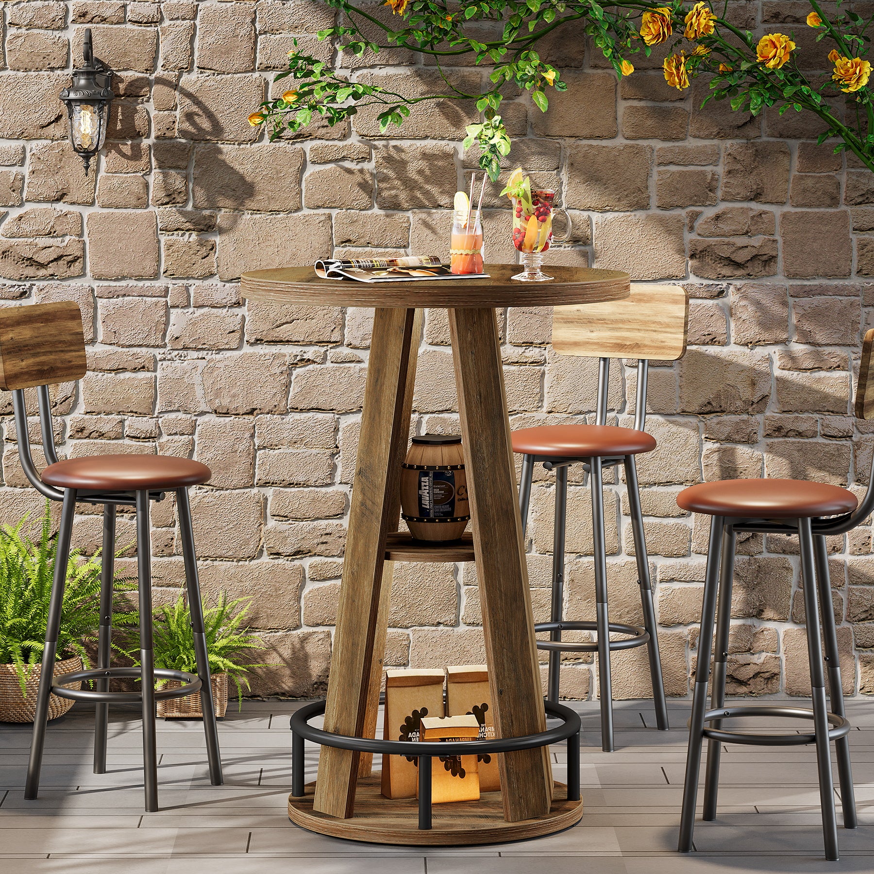 100 cm Ronde Bartafel met Opbergruimte, Industriële Bistrotafel voor Woonkamer Bar Kleine Ruimtes