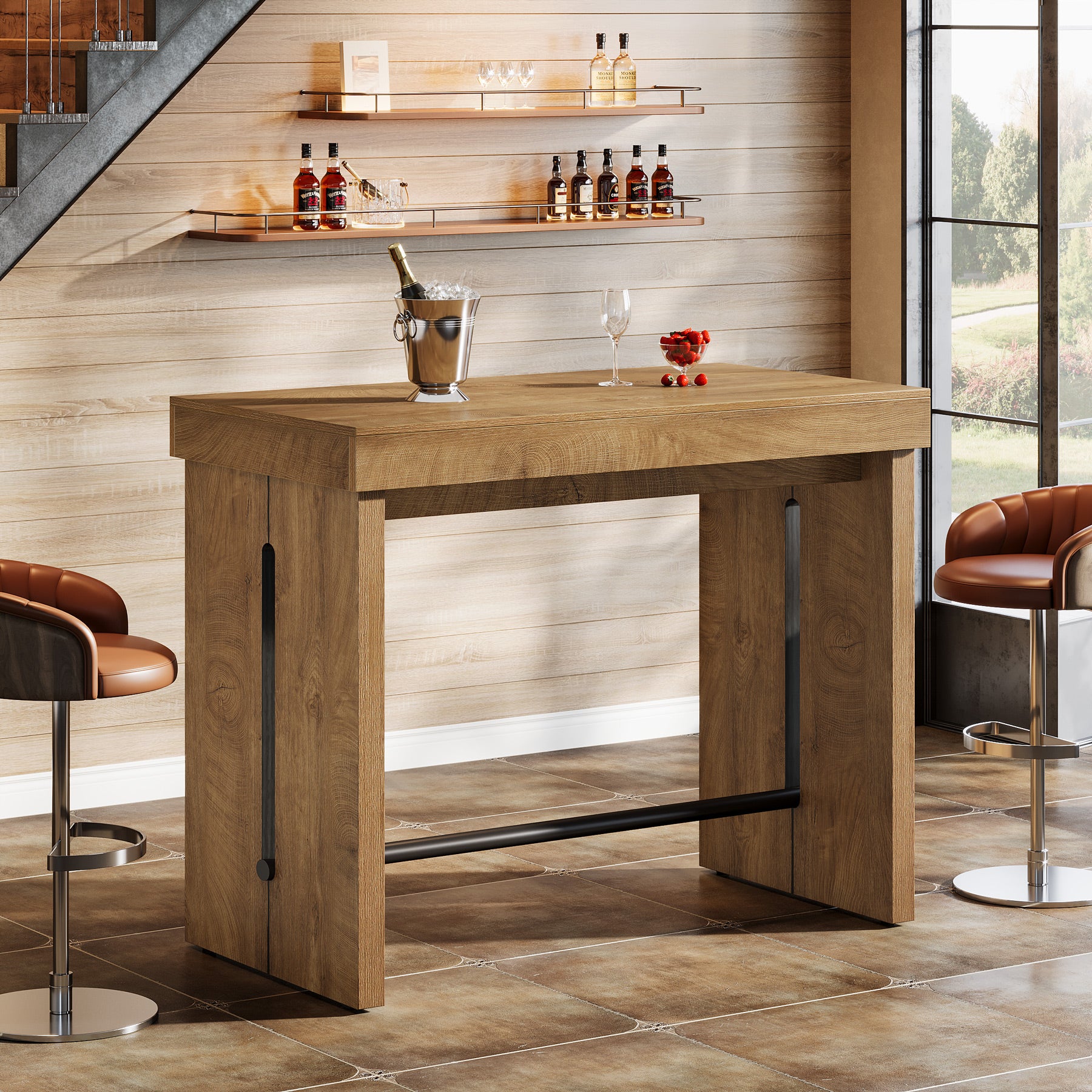 105 cm Bartafel met Metalen Voetsteun, Rechthoekige Statafel voor Keuken en Bistro (Alleen Tafel)