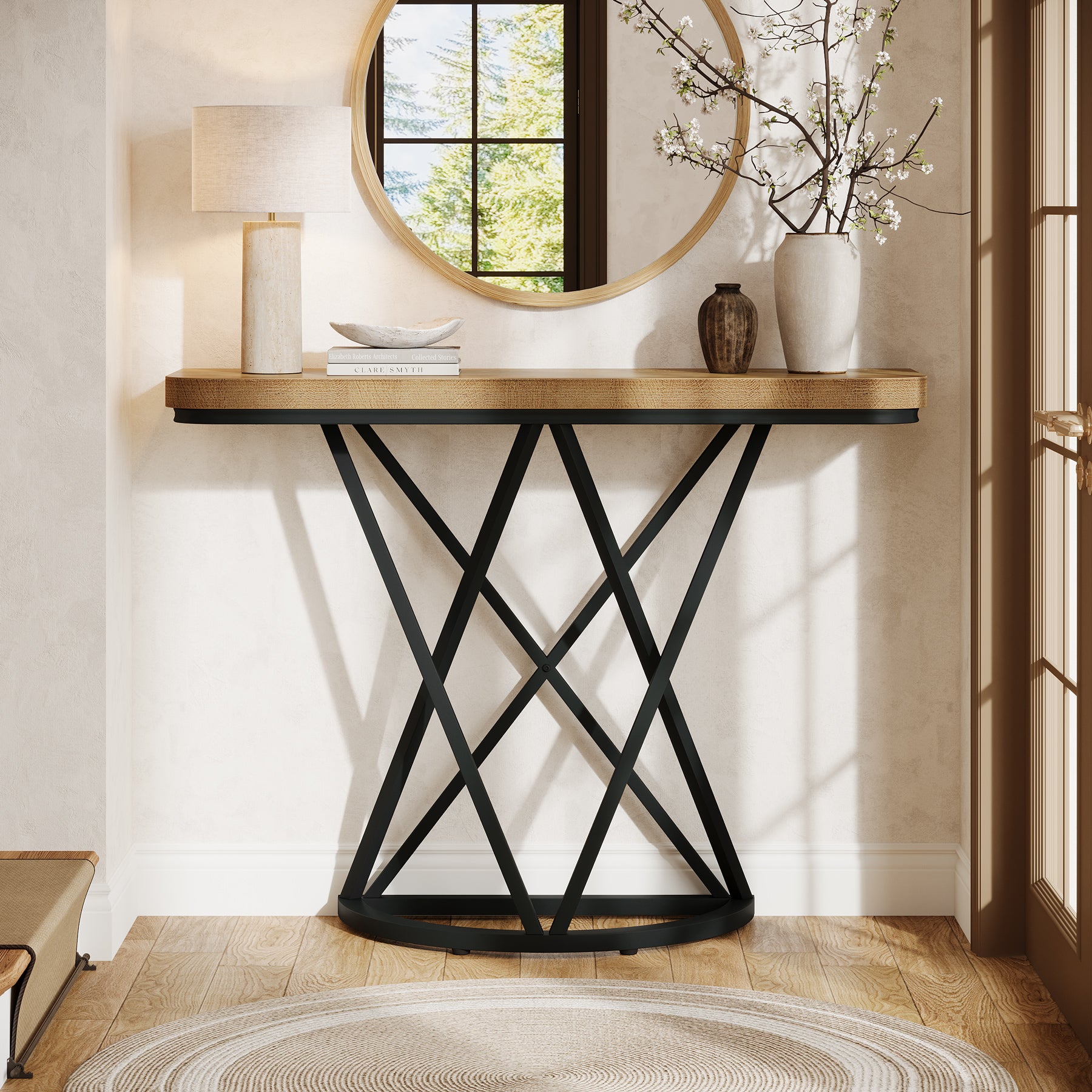 105 cm Industriële Console Tafel, Smalle Entreetafel met Geometrisch Metaal Onderstel