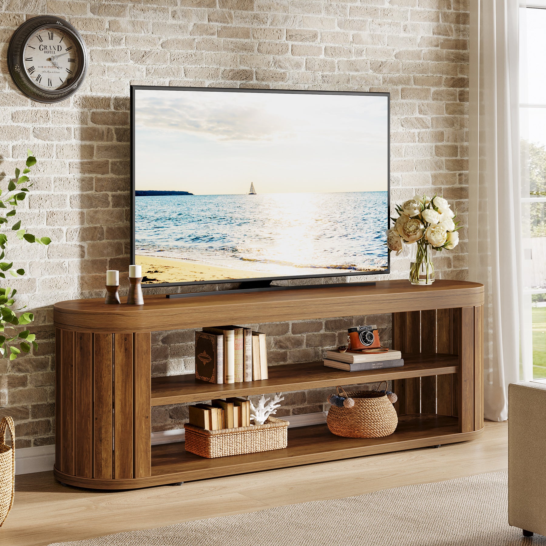120 cm TV Meubel voor TV tot 55 Inch, Ovale Media Tafel met 2 Niveaus Opbergruimte voor Woonkamer Slaapkamer