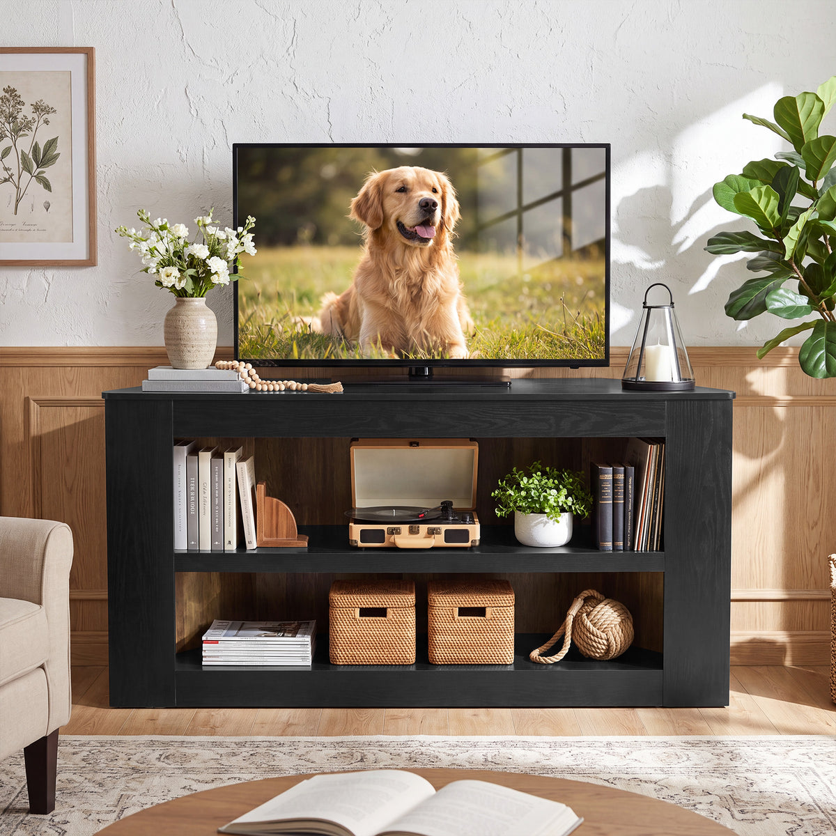 Tribesigns 150 cm hoek tv-meubel met 2-laags open opbergruimte en trapeziumvorm, moderne tv-kast voor woonkamer en slaapkamer