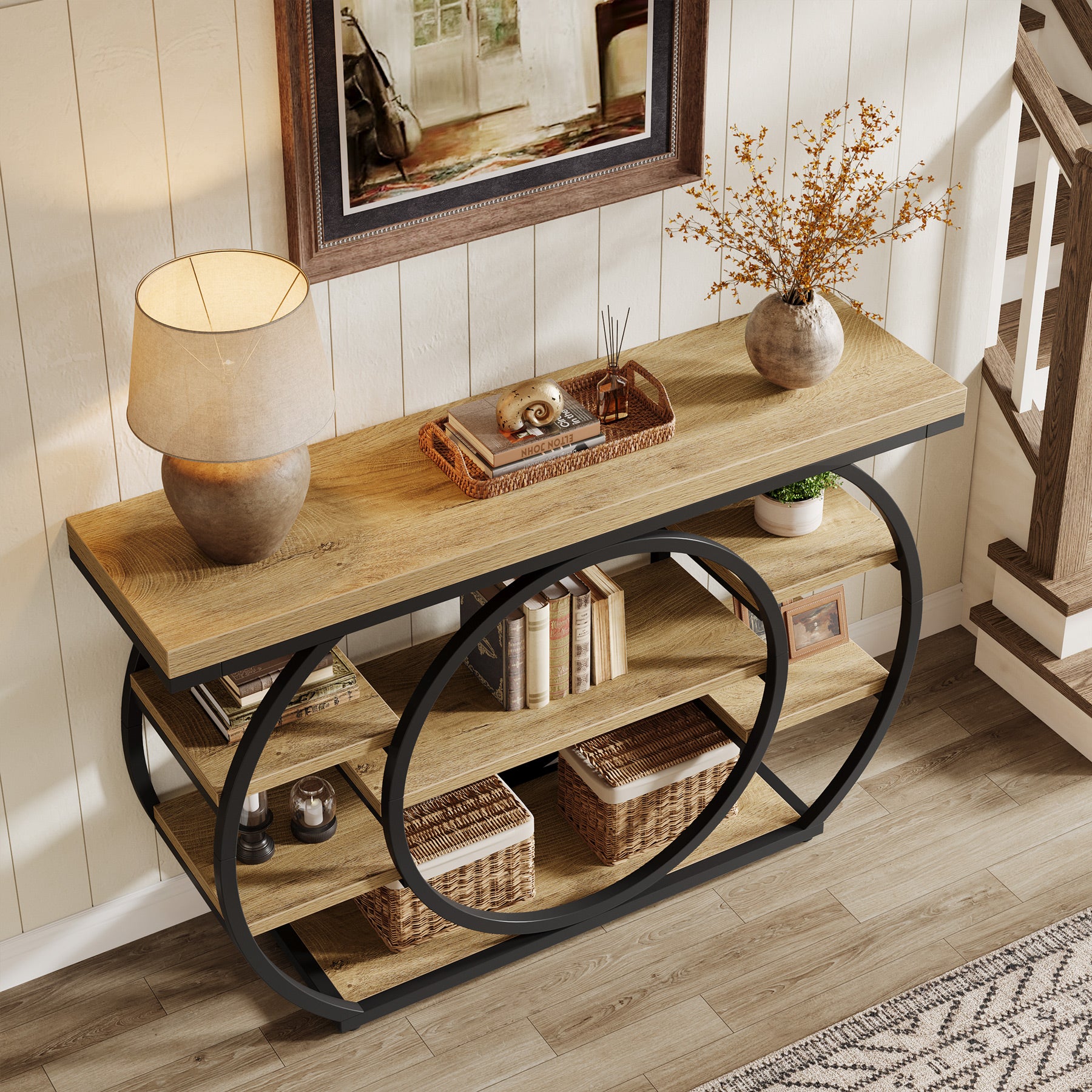 Consoletafel van 120 cm met 5 Lagen in Industrieel Design, Smalle Banktafel voor Woonkamer en Hal in Rustiek Bruin