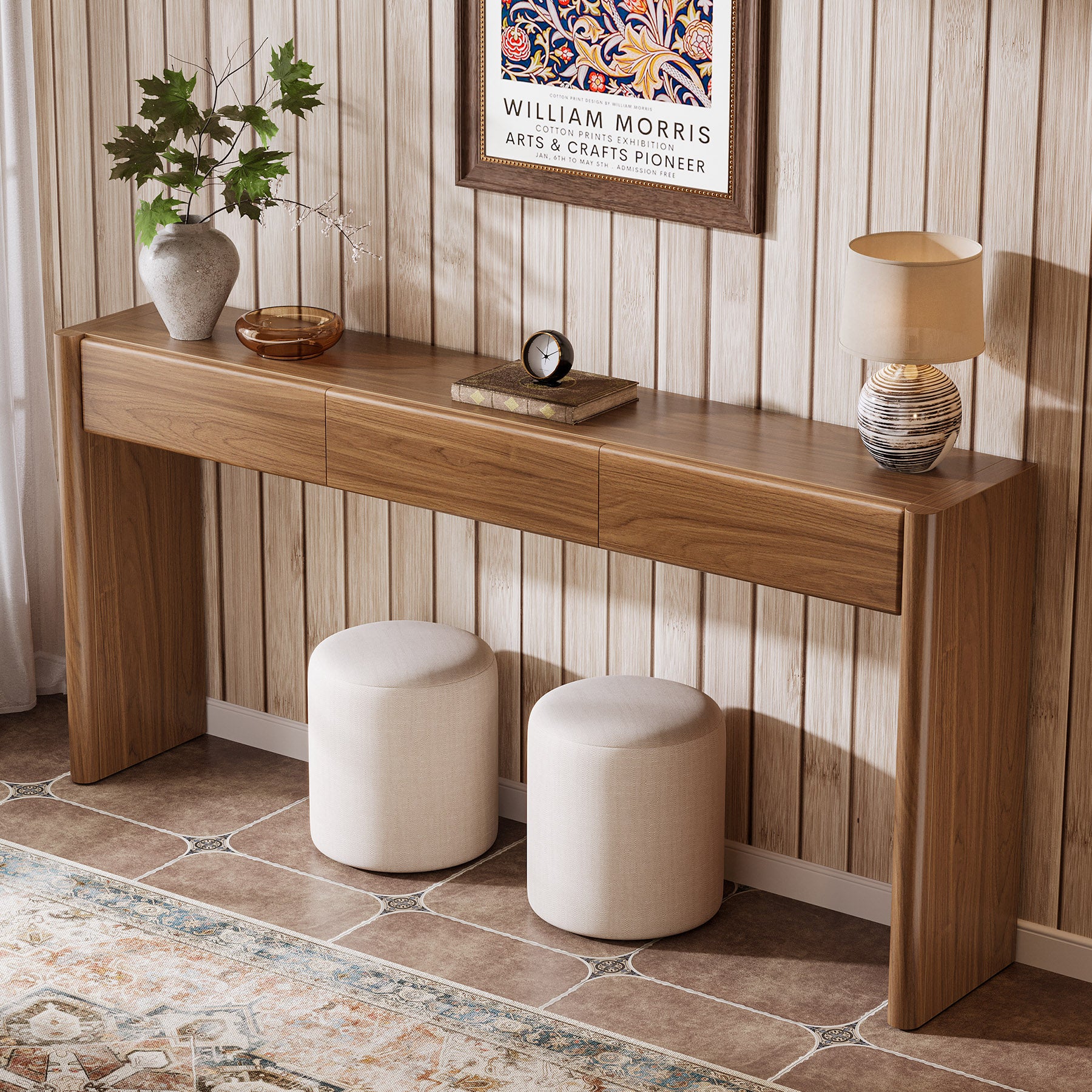 180 cm Landelijke Consoletafel met 3 Laden, Houten Haltafel met Opbergruimte