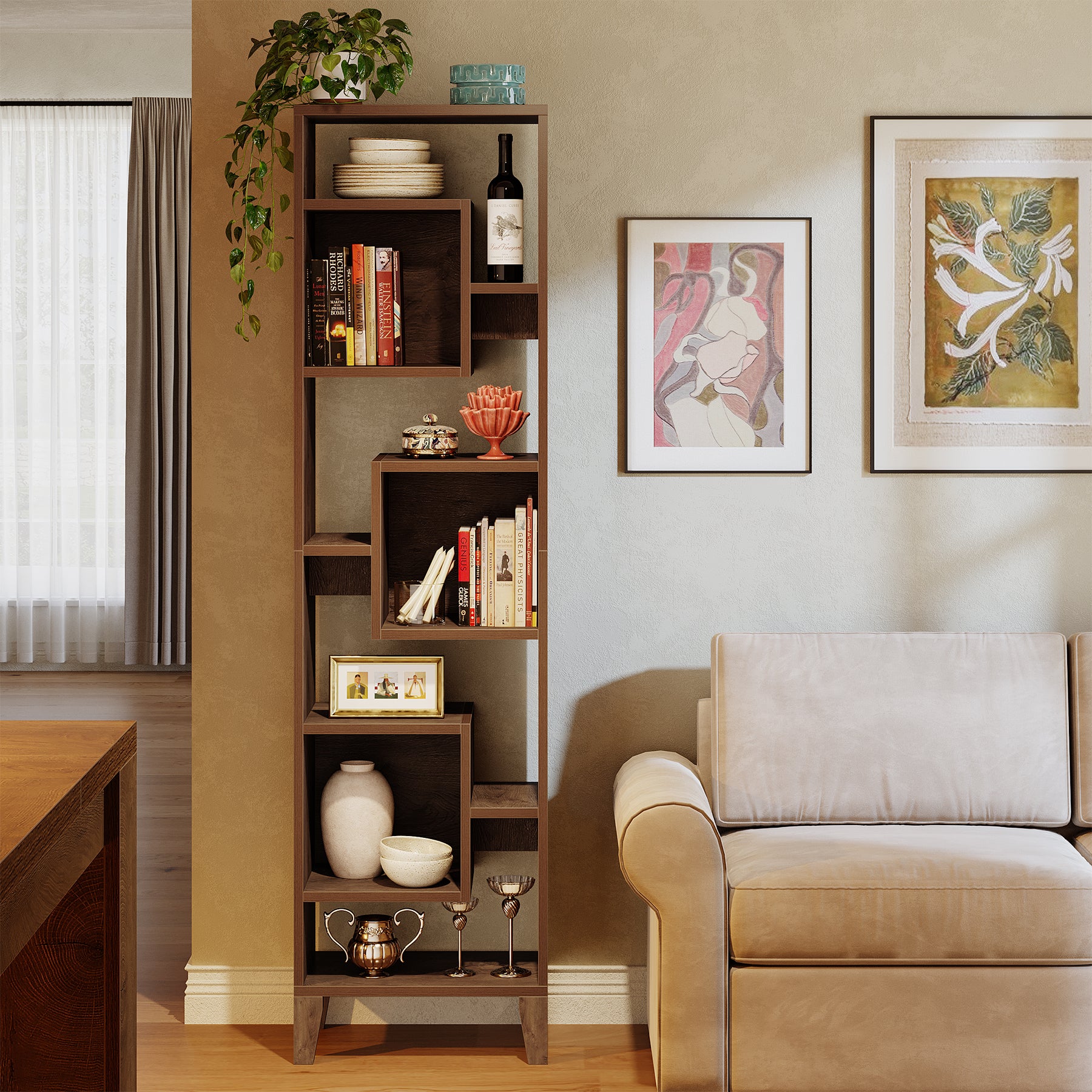 180 cm Hoge Hoekplank, 8-Niveau Houten Boekenkast en Plantenstandaard voor Woonkamer