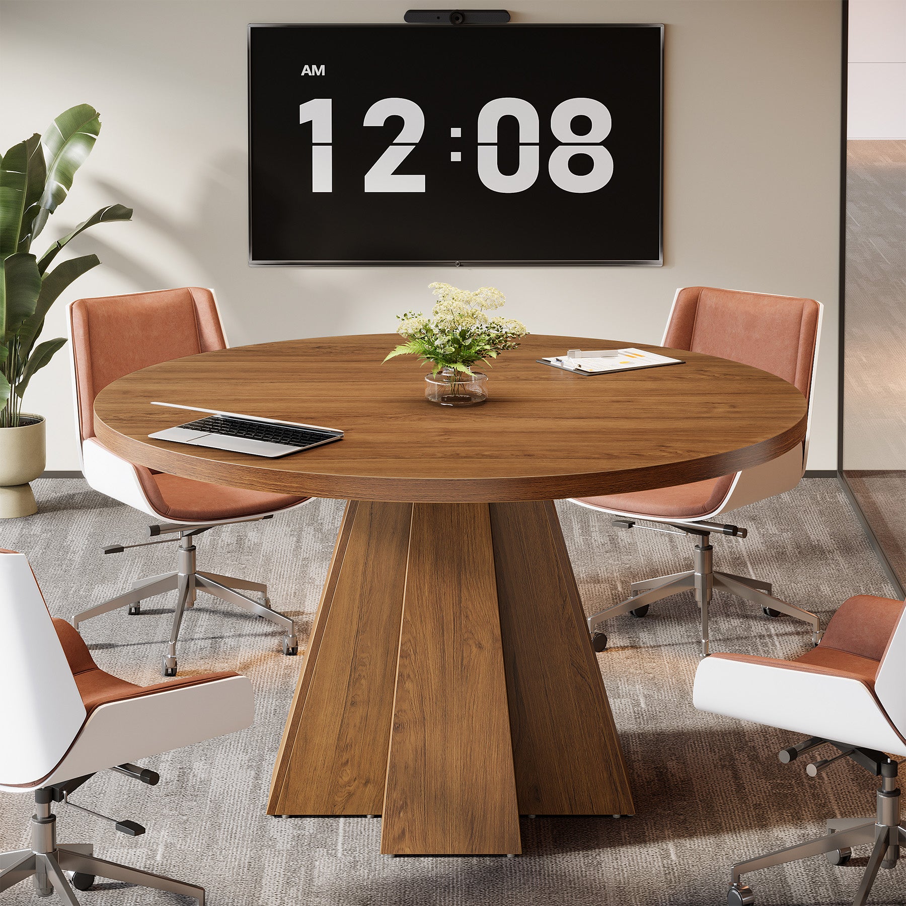 Tribesigns Ronde Conferentietafel 118 cm met Dik Tafelblad, Compacte Vergadertafel met Taps Toelopende Basis voor Kantoor en Kleine Ruimtes