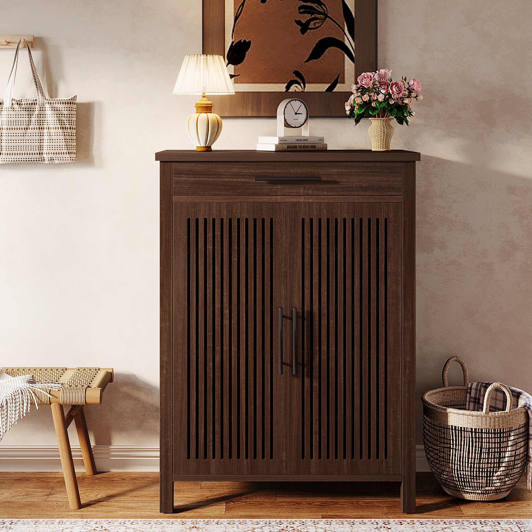 Smal Schoenenmeubel 80 cm, Verstelbare Kast Met 5 Planken En Lamellendeuren