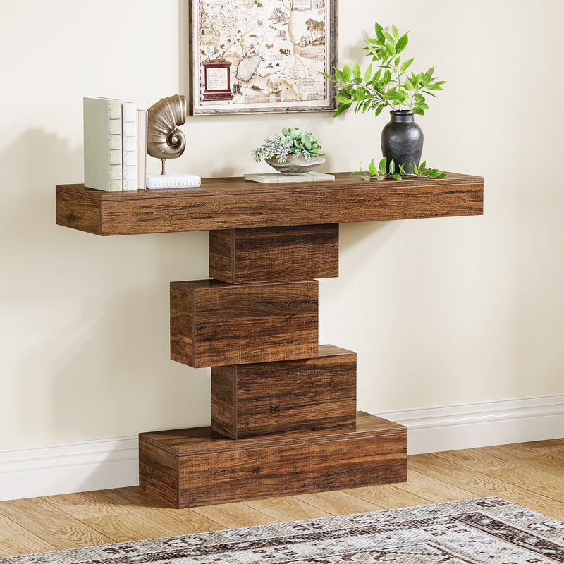 108 cm Landelijke Console, Industriële Bijzettafel met Geometrische Basis voor Hal en Woonkamer