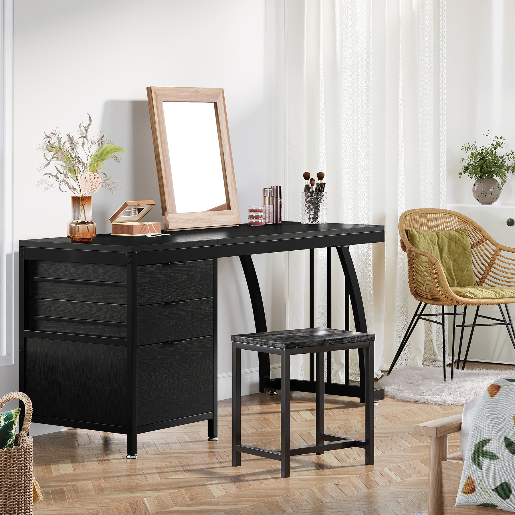 150 cm Met 3 Laden, Make-up Bureau Met Ombouwbare Opbergruimte