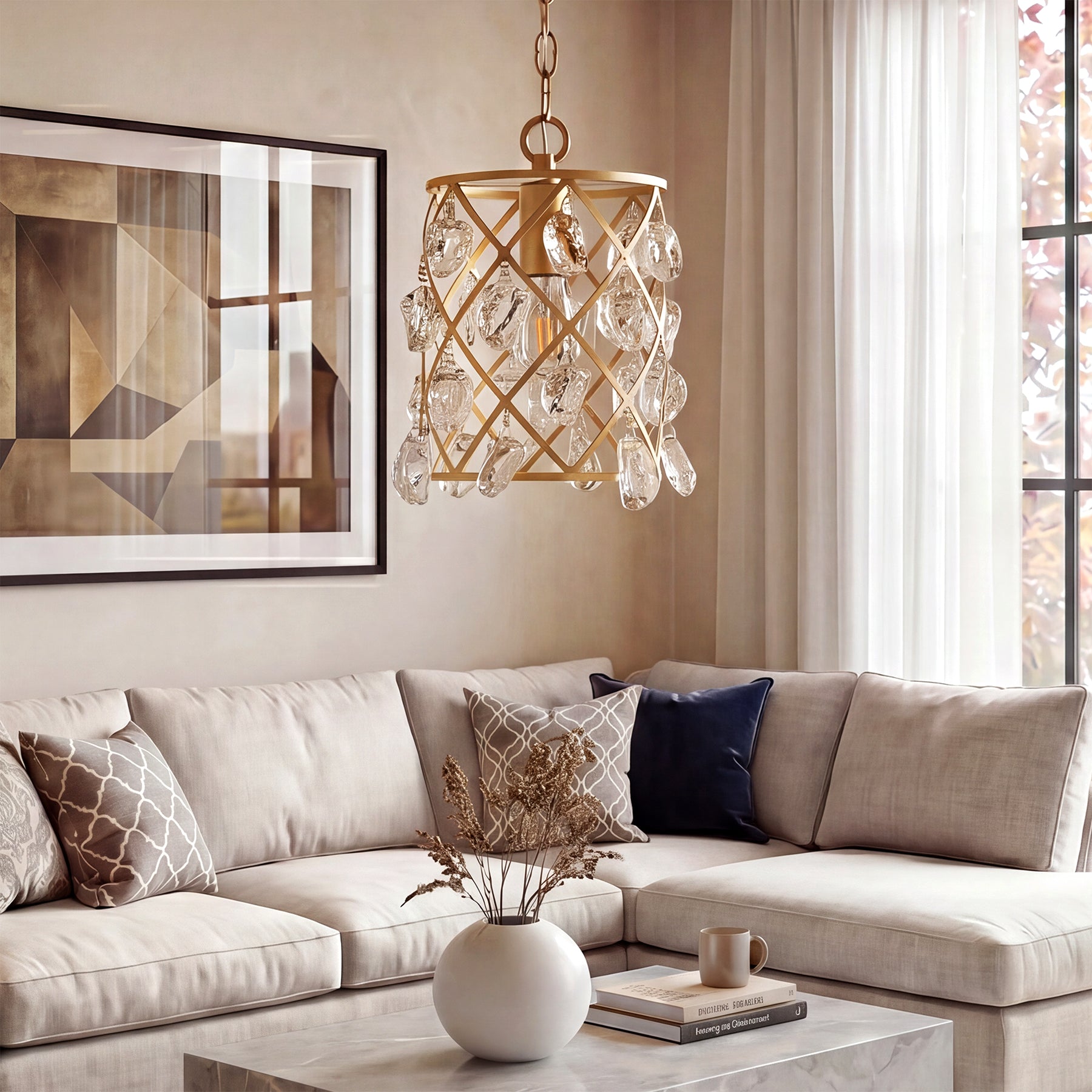 17,5 x 17,5 x 30 cm Tribesigns Gouden Hanglamp, Moderne Pendellamp met Watergolf Glaskristallen en E27-Fitting voor Keukeneiland Eetkamer en Hal [Energy Class E]