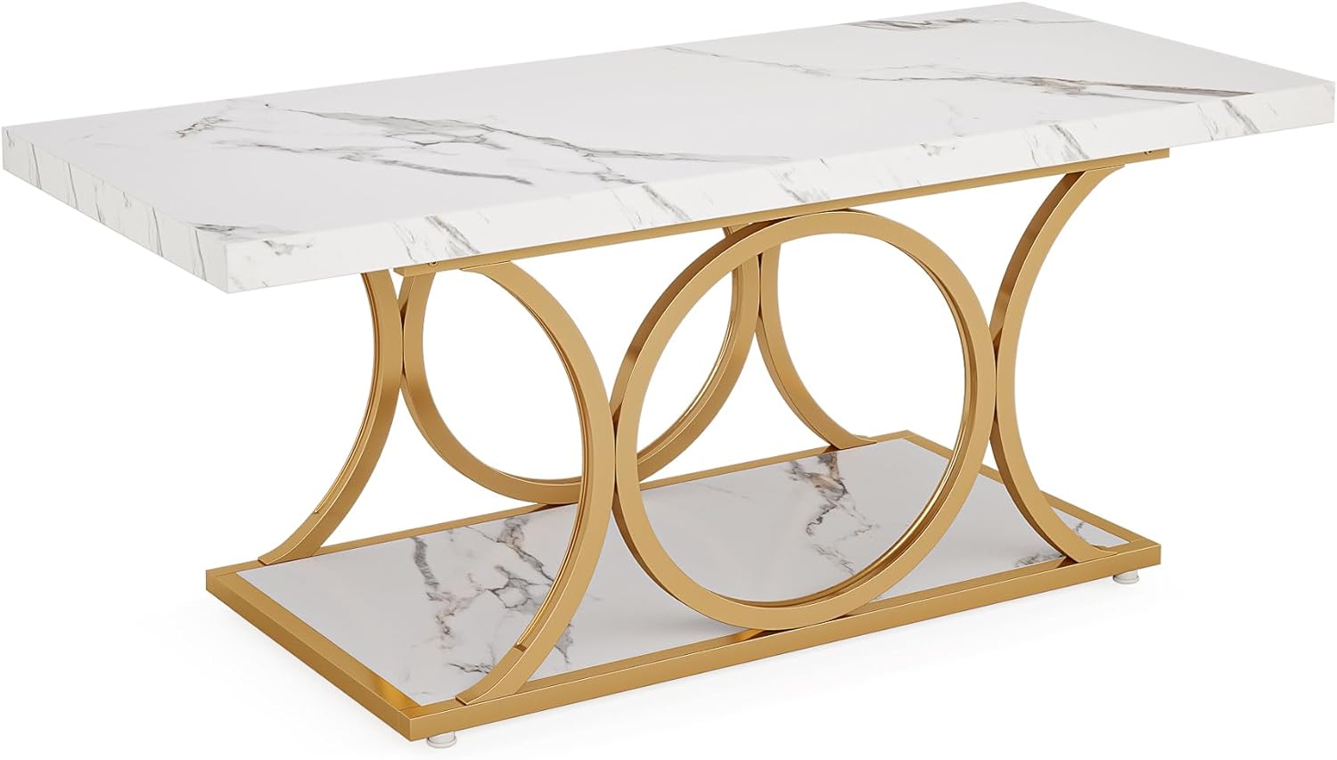 120 cm Moderne Salontafel met Marmer Look, Witte & Gouden Tafels met Opbergplank en Geometrische Poten
