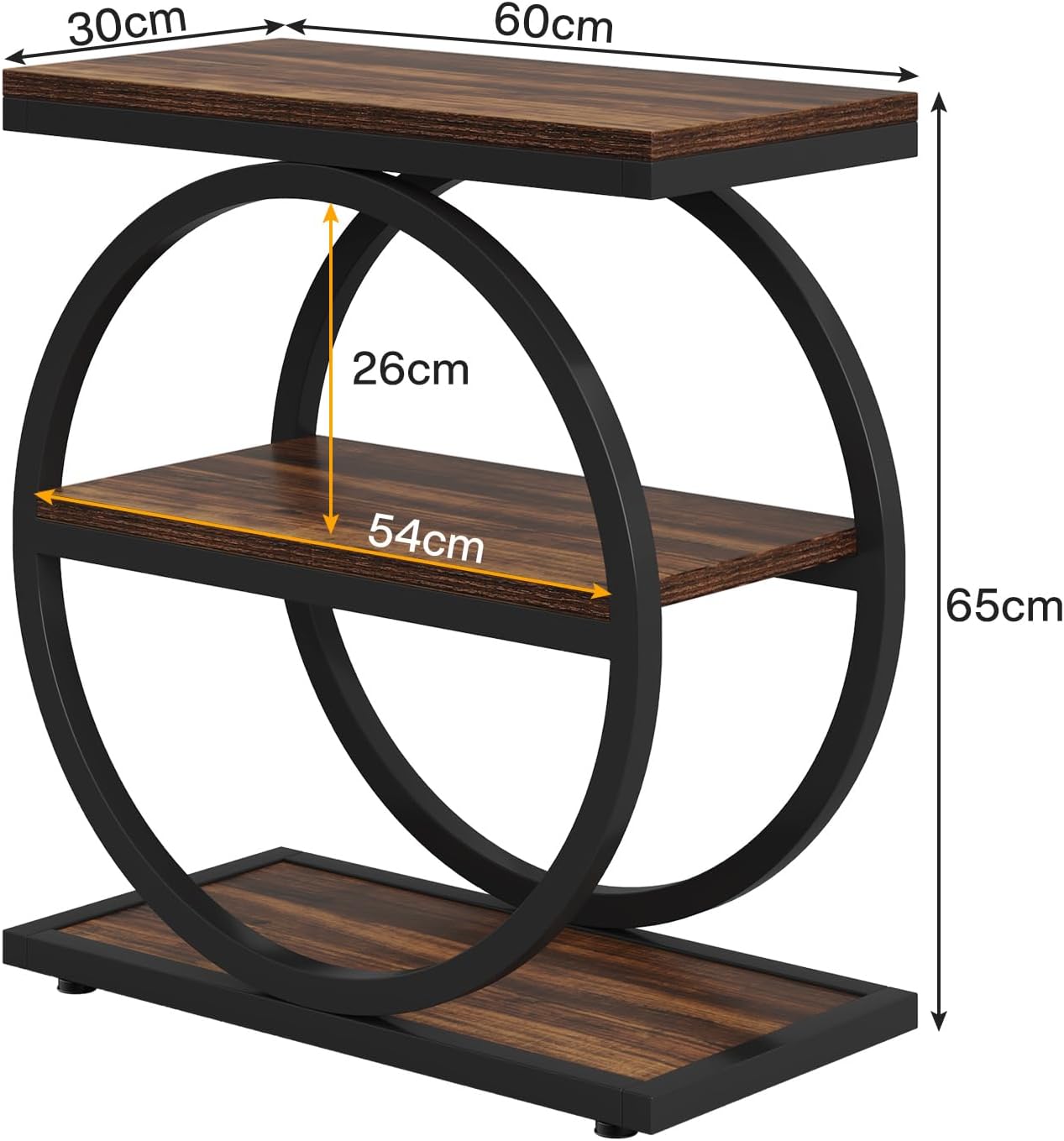 Industriële Bijzettafel met Drie Planken, Smalle Houten Zijtafel met Zwarte Metalen Frame