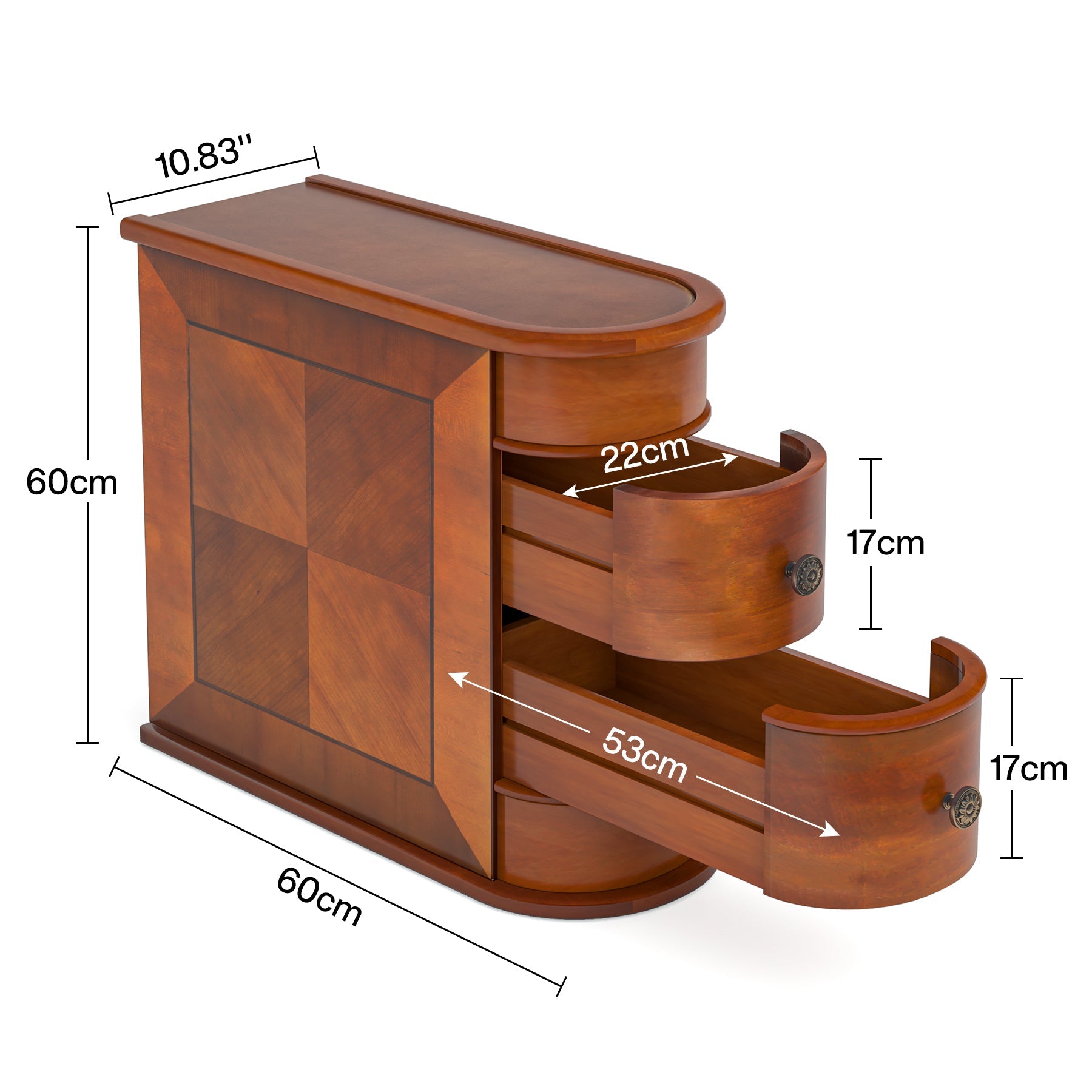 60 cm Bijzettafel met Twee Lades, Vintage Nachtkastje zonder Montage voor Woonkamer