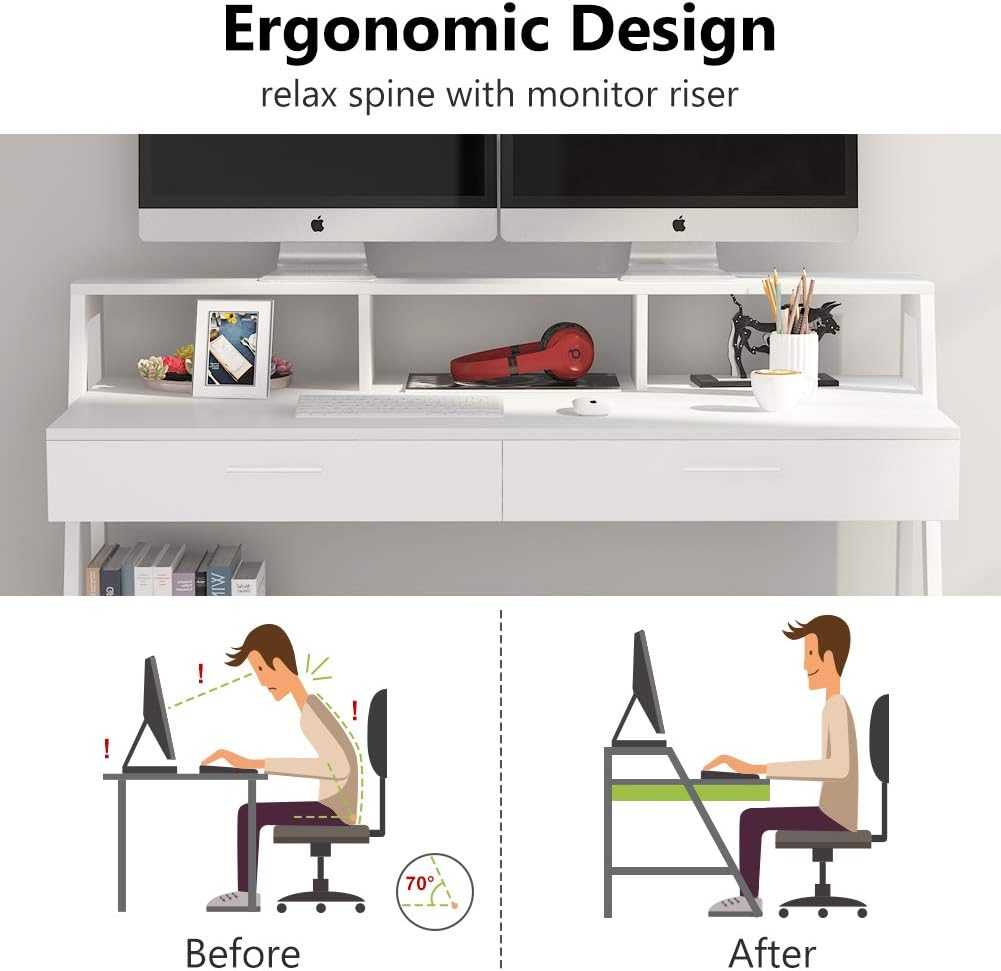 Tribesigns Computerbureau van 120 cm met Legplank en Lades, Modern Bureau met Monitorhouder voor Thuis en Kantoor