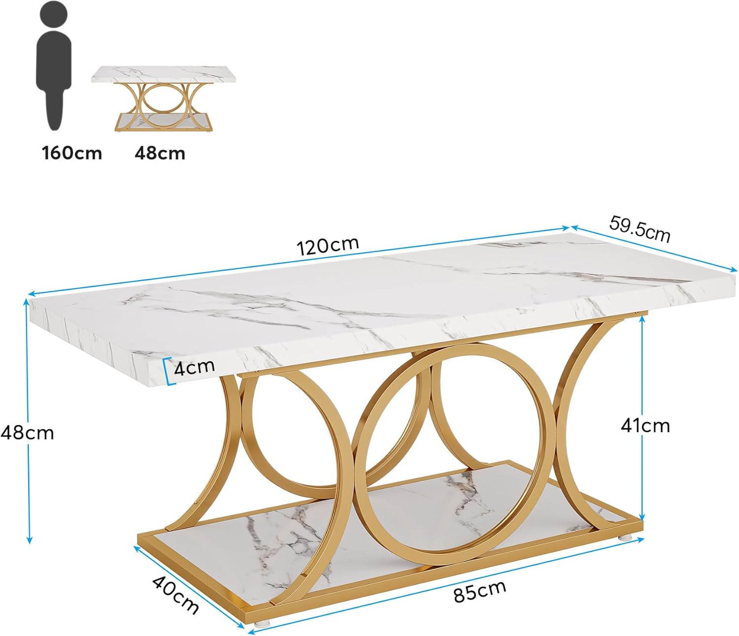 120 cm Moderne Salontafel met Marmer Look, Witte & Gouden Tafels met Opbergplank en Geometrische Poten