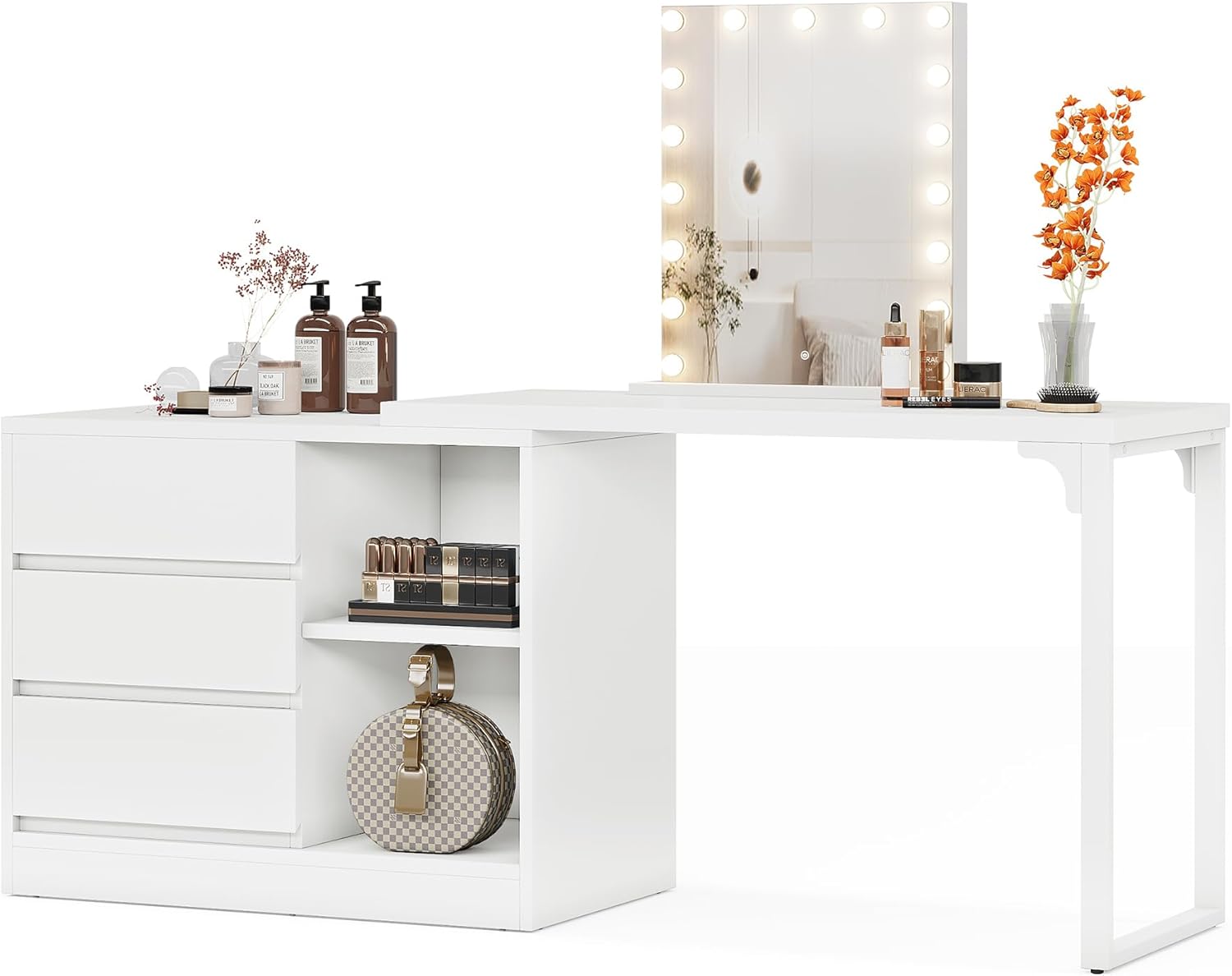 100 cm Kaptafel met 3 Laden en 2 Planken, Hoek Schminktafel met Opbergkast Zonder Spiegel