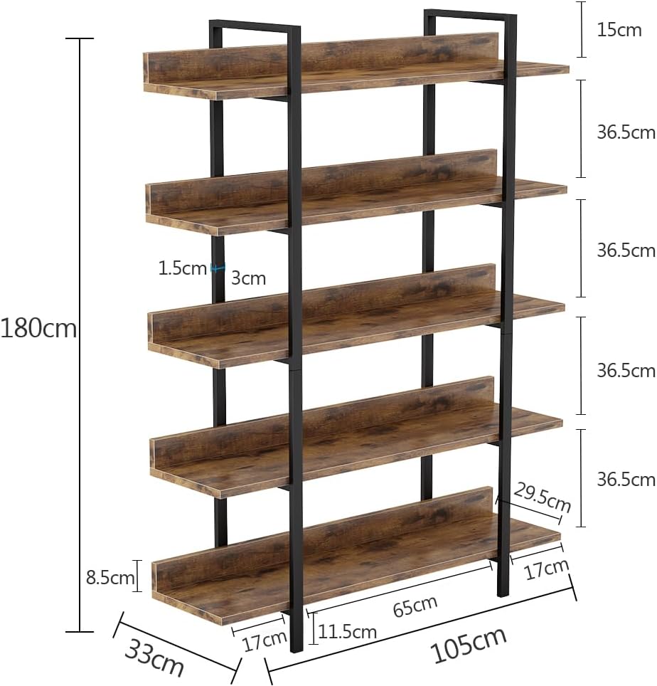 180 cm Industriële Boekenkast, 5 Open Planken met Staal Frame in Landelijk Bruin