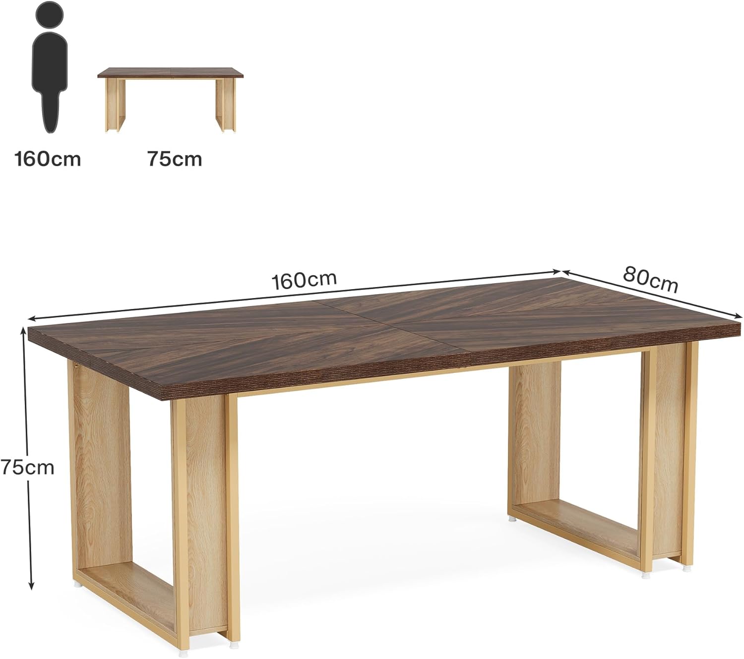 160 cm Kantoor Bureau, Houten Werktafel met Stabiel Metalen Frame in Bruin