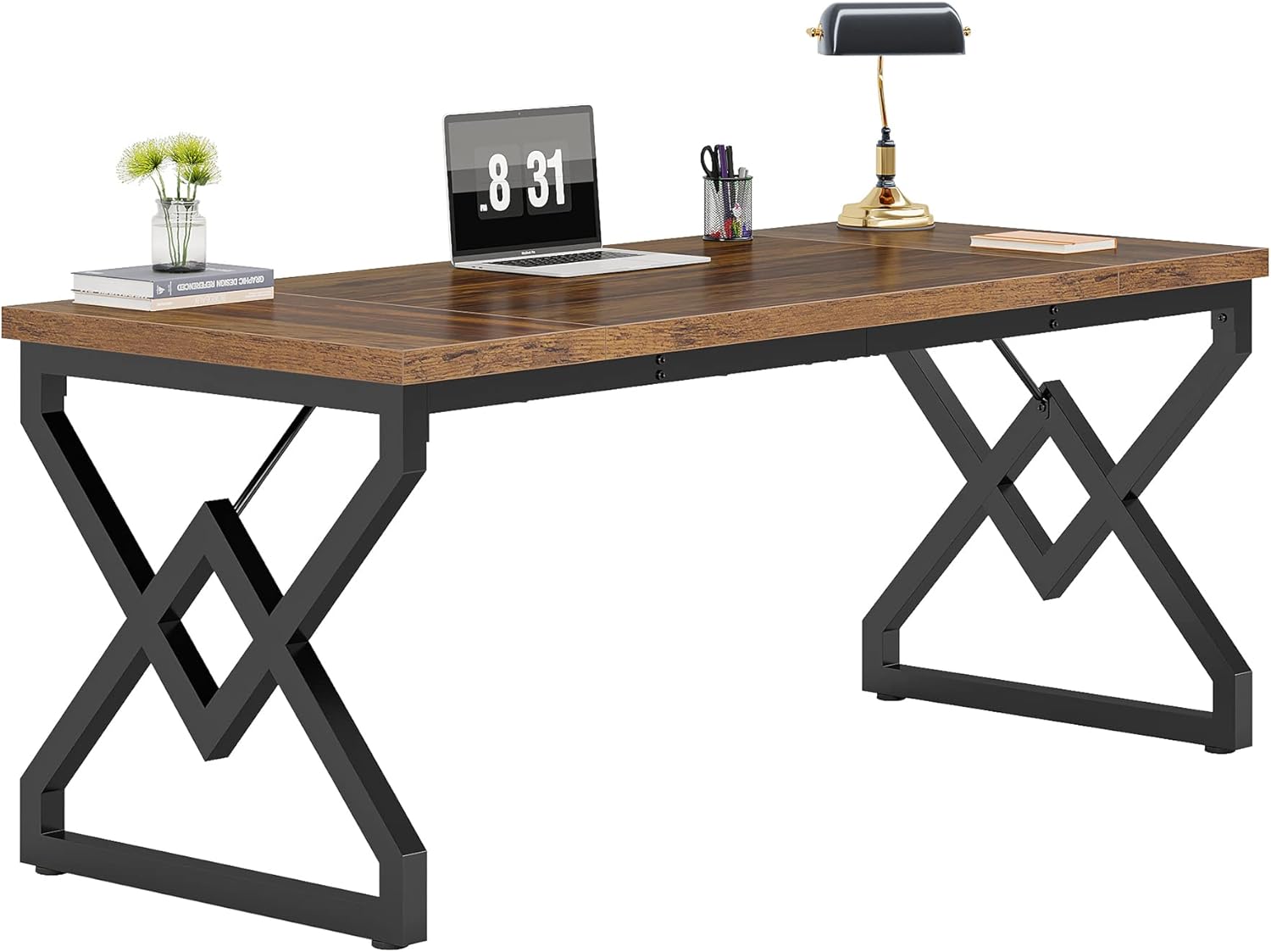 160x70 cm Computertafel, Extra Dik Houten Blad en Metalen Onderstel