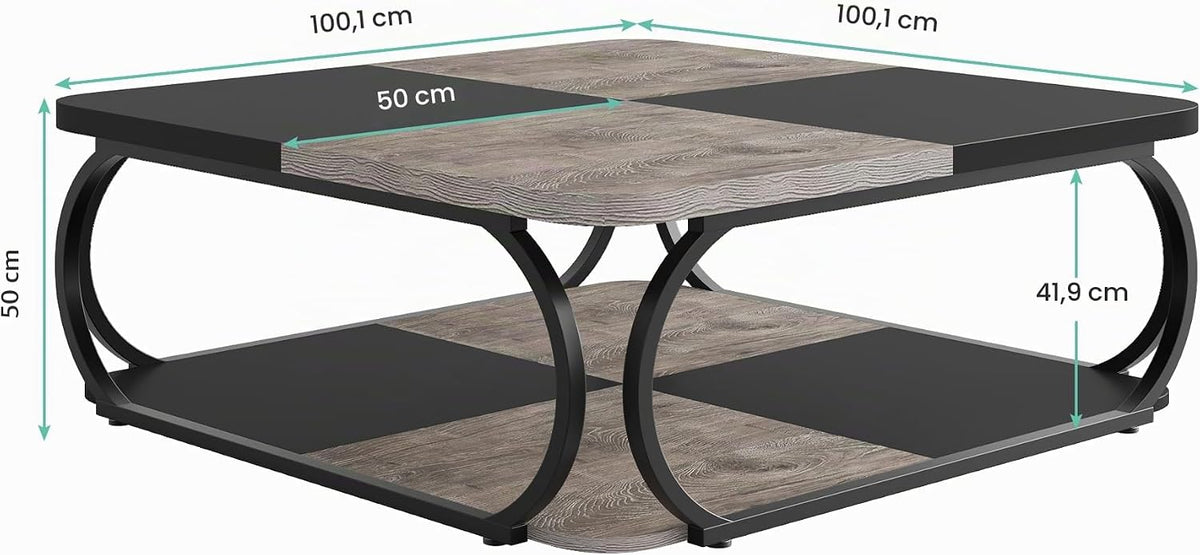 100 cm Tribesigns vierkante salontafel met 2 niveaus, rustieke tafel met houten opbergplank en gebogen metalen frame