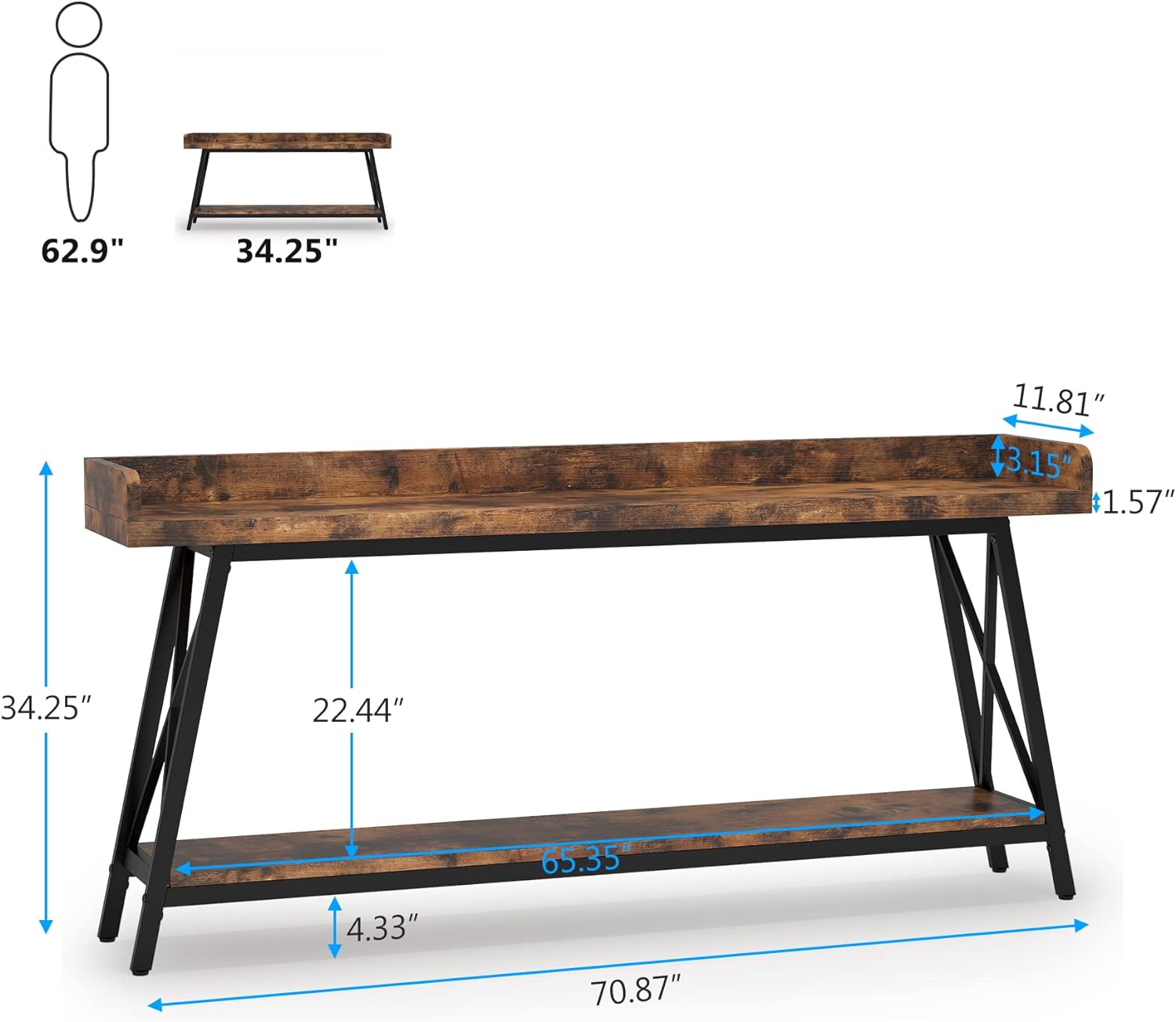 180 cm Industriële Consoletafel, Extra Lange Smalle Tafel voor Woonkamer en Hal