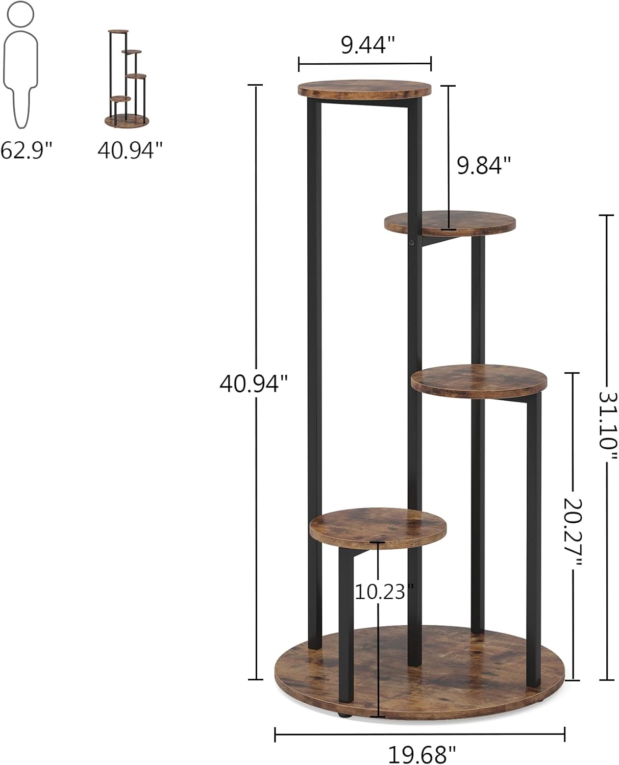 Vierlagen Plantenstandaard voor Binnen, Stevige Houten Planken met Metal Frame