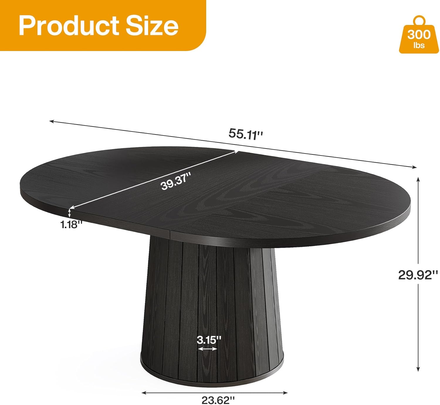 140 cm Ovale Eettafel voor 6 Personen, Landelijke Keukentafel met Cilindervormige Pijler
