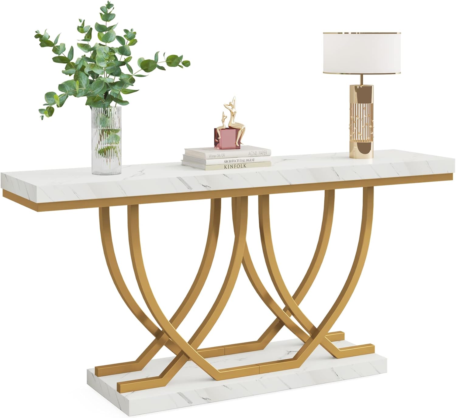 150 cm Moderne Console met Marmer Look, Gouden Metalen Frame voor Entree en Woonkamer