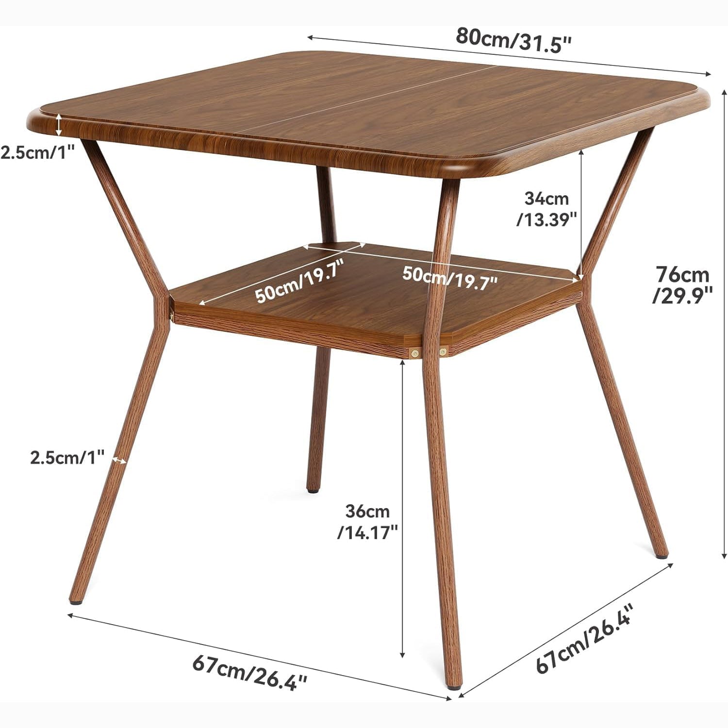 80cm Vierkante Eettafel voor 2-4 Personen, Met Kindveilige Afgeronde Hoeken en Dubbel Opbergrek in Walnootbruin