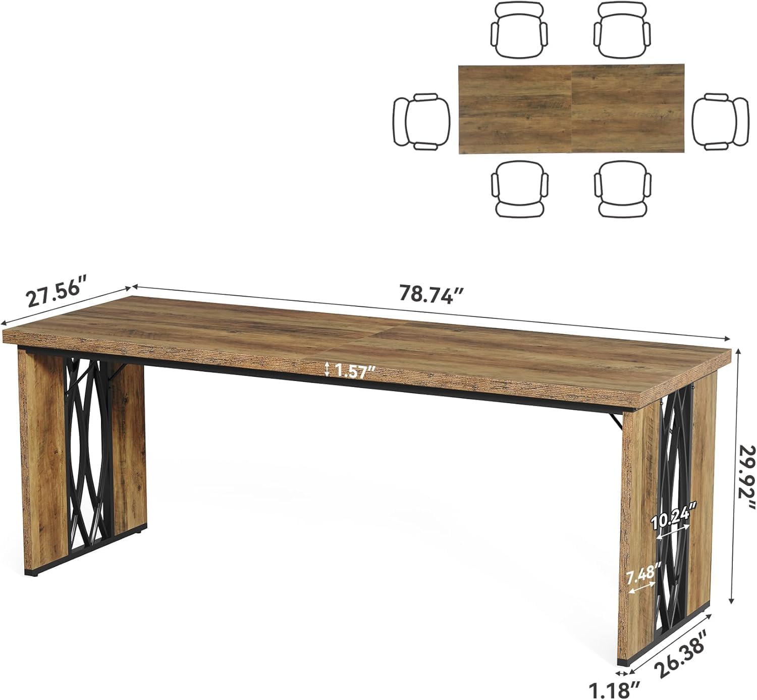 200 cm Bureau voor Twee Personen, Landelijke Lange Schrijftafel voor Thuiskantoor